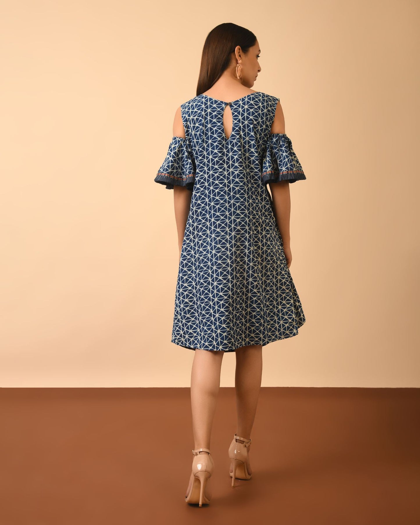 Indigo Dabu Print Ruffled Dress