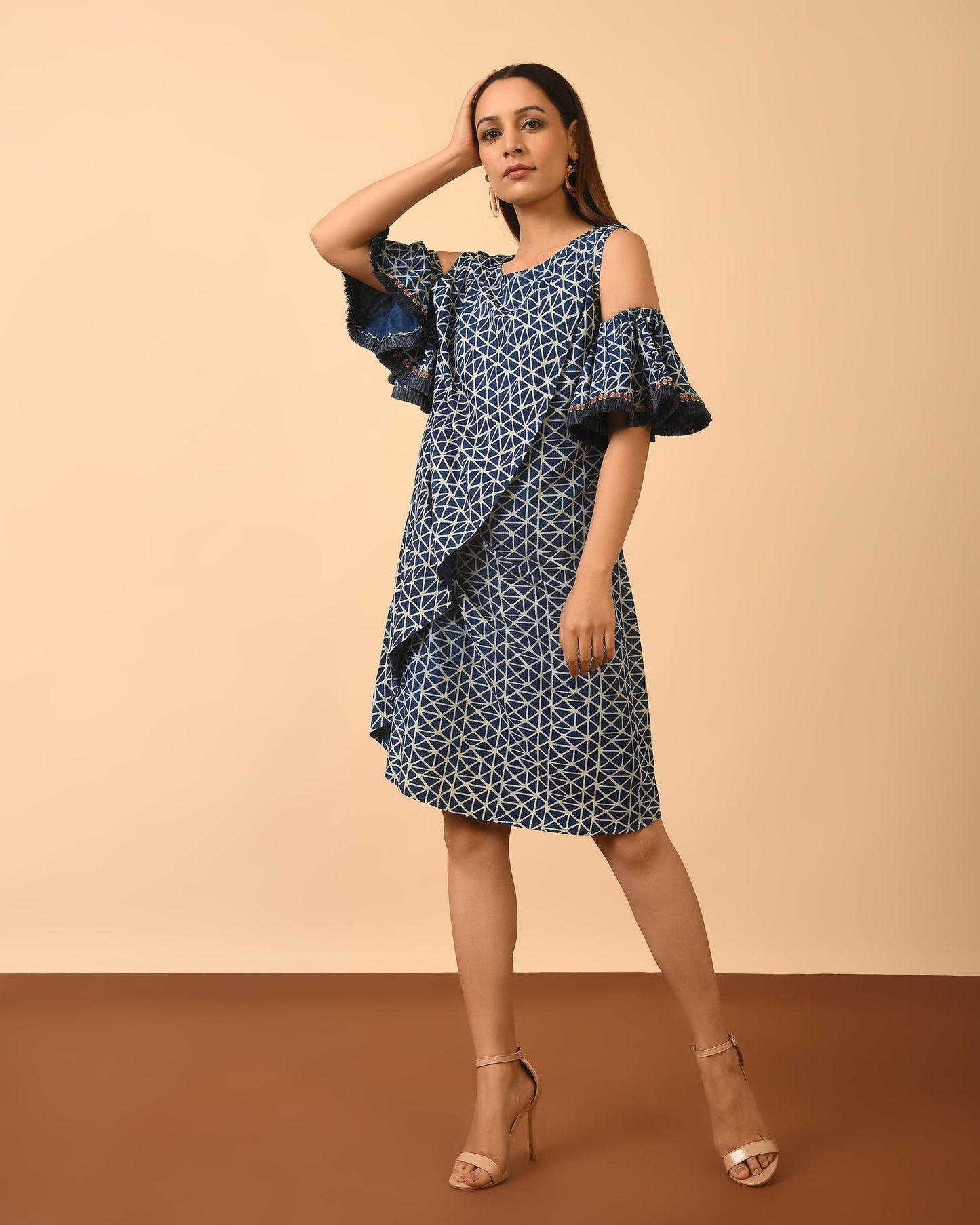 Indigo Dabu Print Ruffled Dress