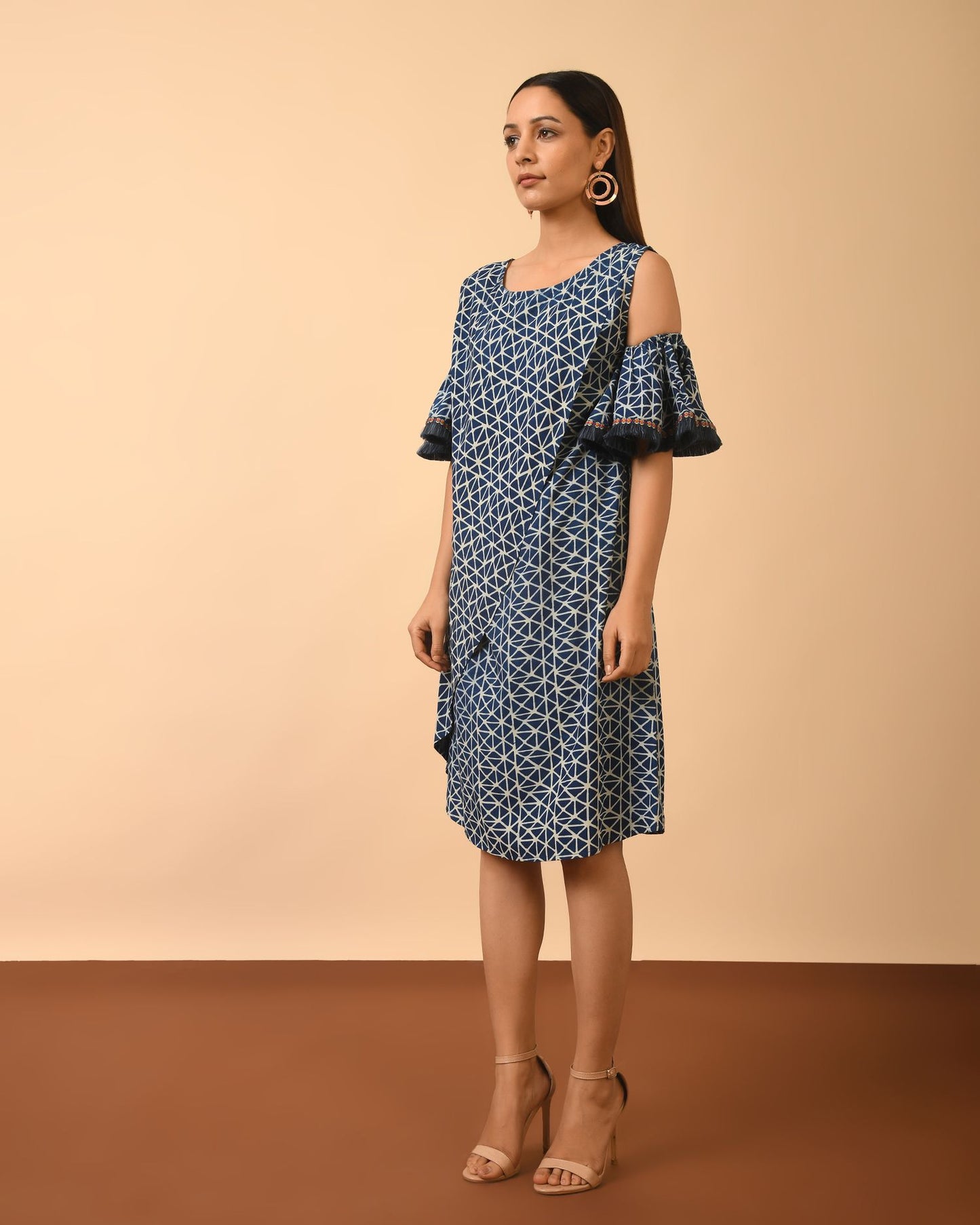 Indigo Dabu Print Ruffled Dress