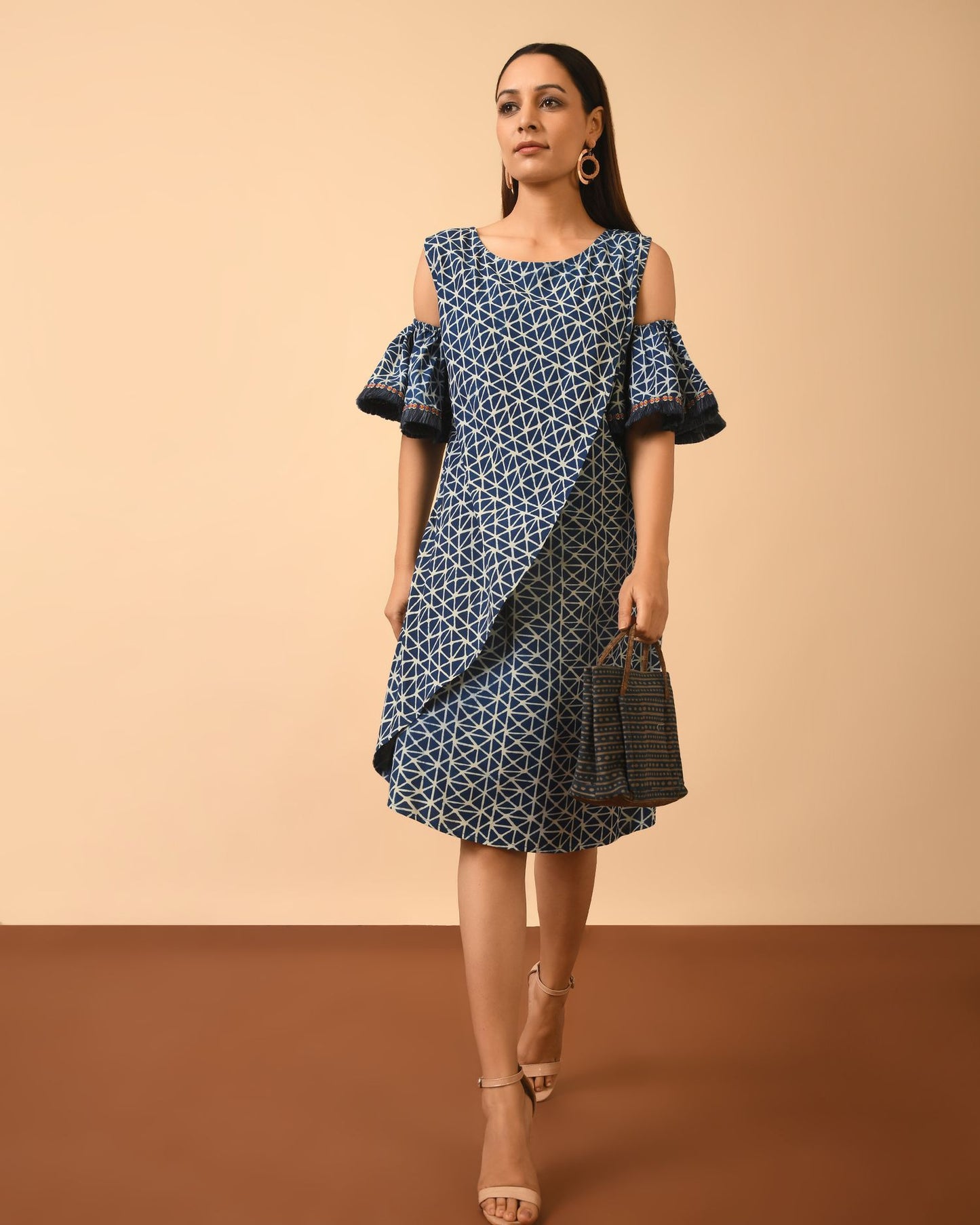 Indigo Dabu Print Ruffled Dress