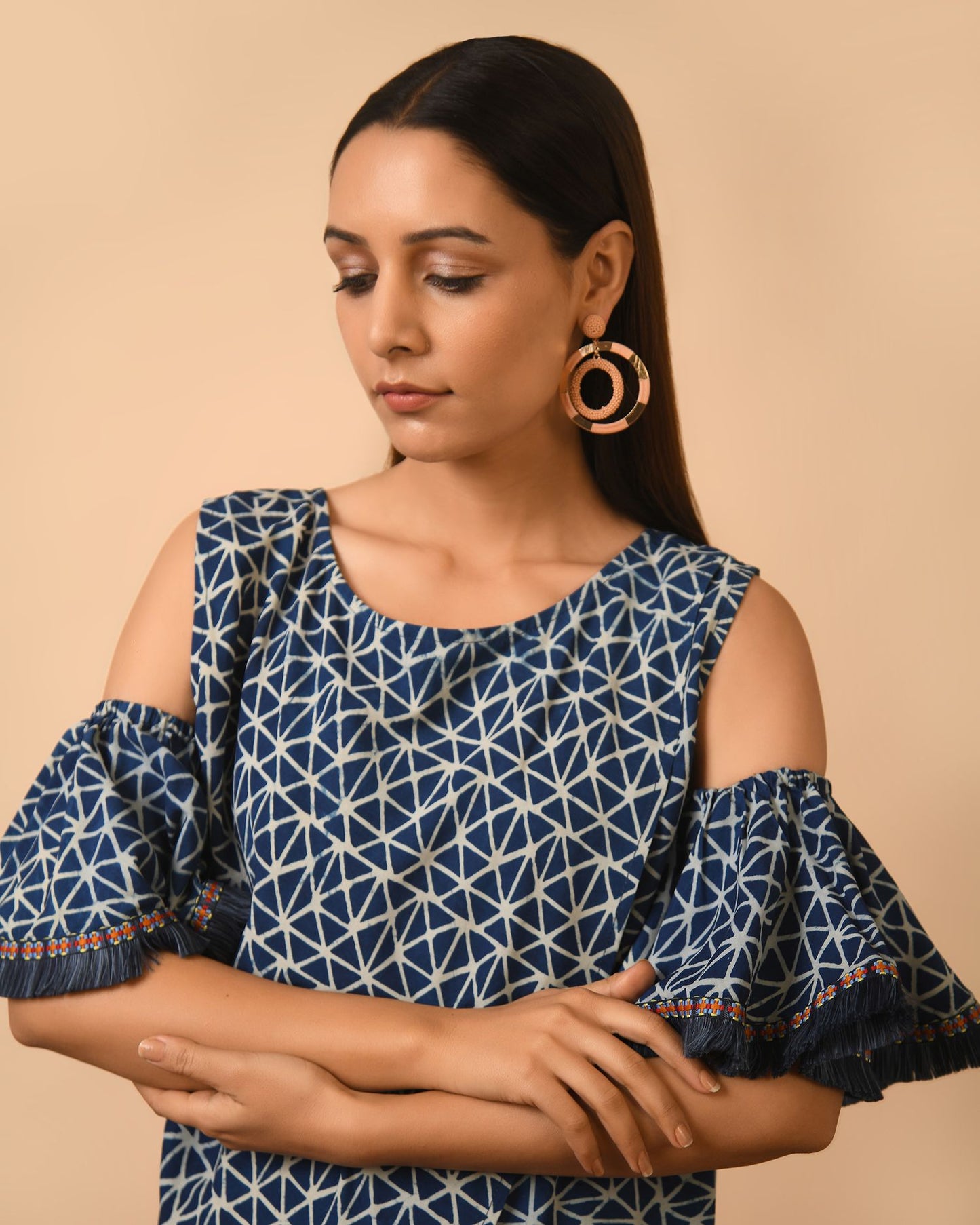 Indigo Dabu Print Ruffled Dress