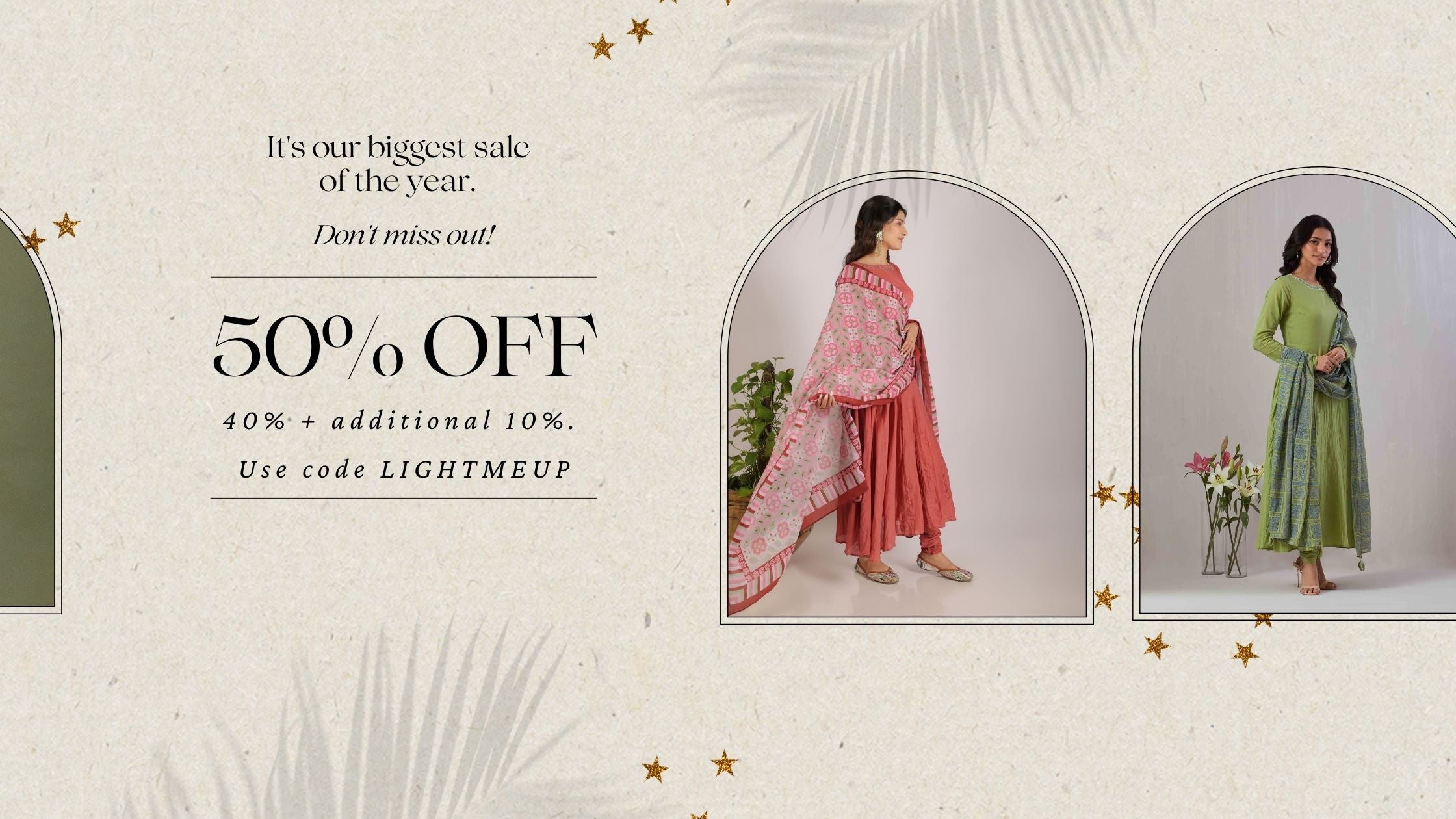 Promotional banner for a sale with two women in traditional outfits and text about discounts.