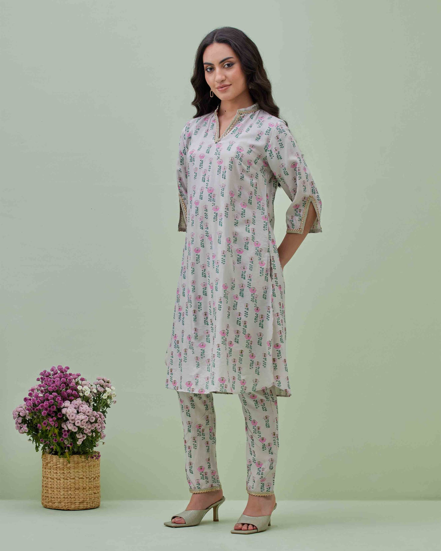 Grey Printed Cotton Silk Co-ord Set