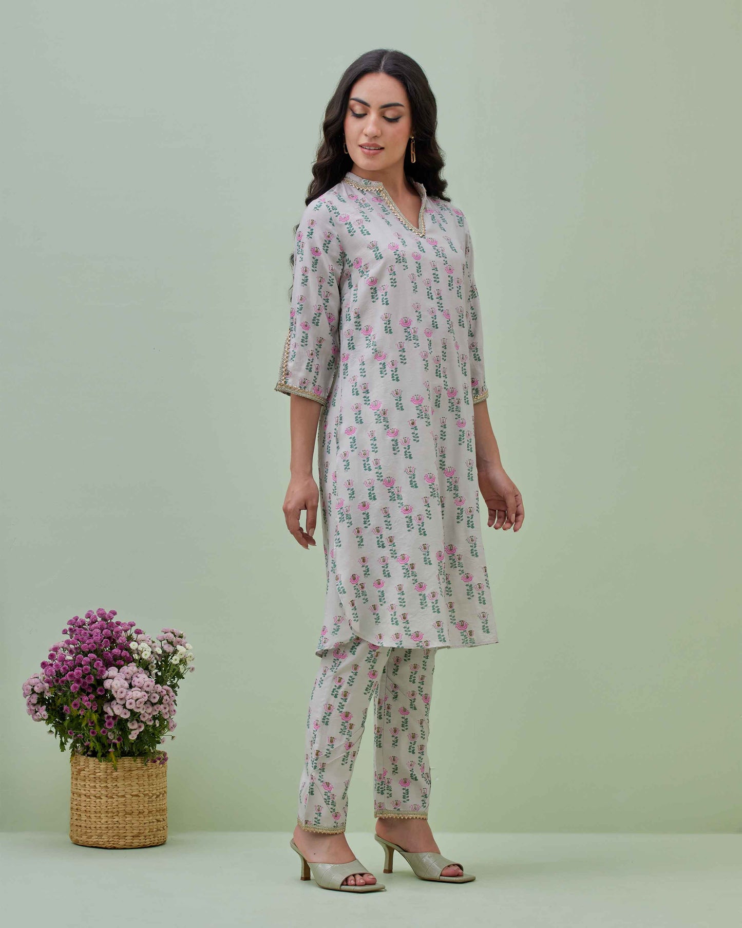 Grey Printed Cotton Silk Co-ord Set
