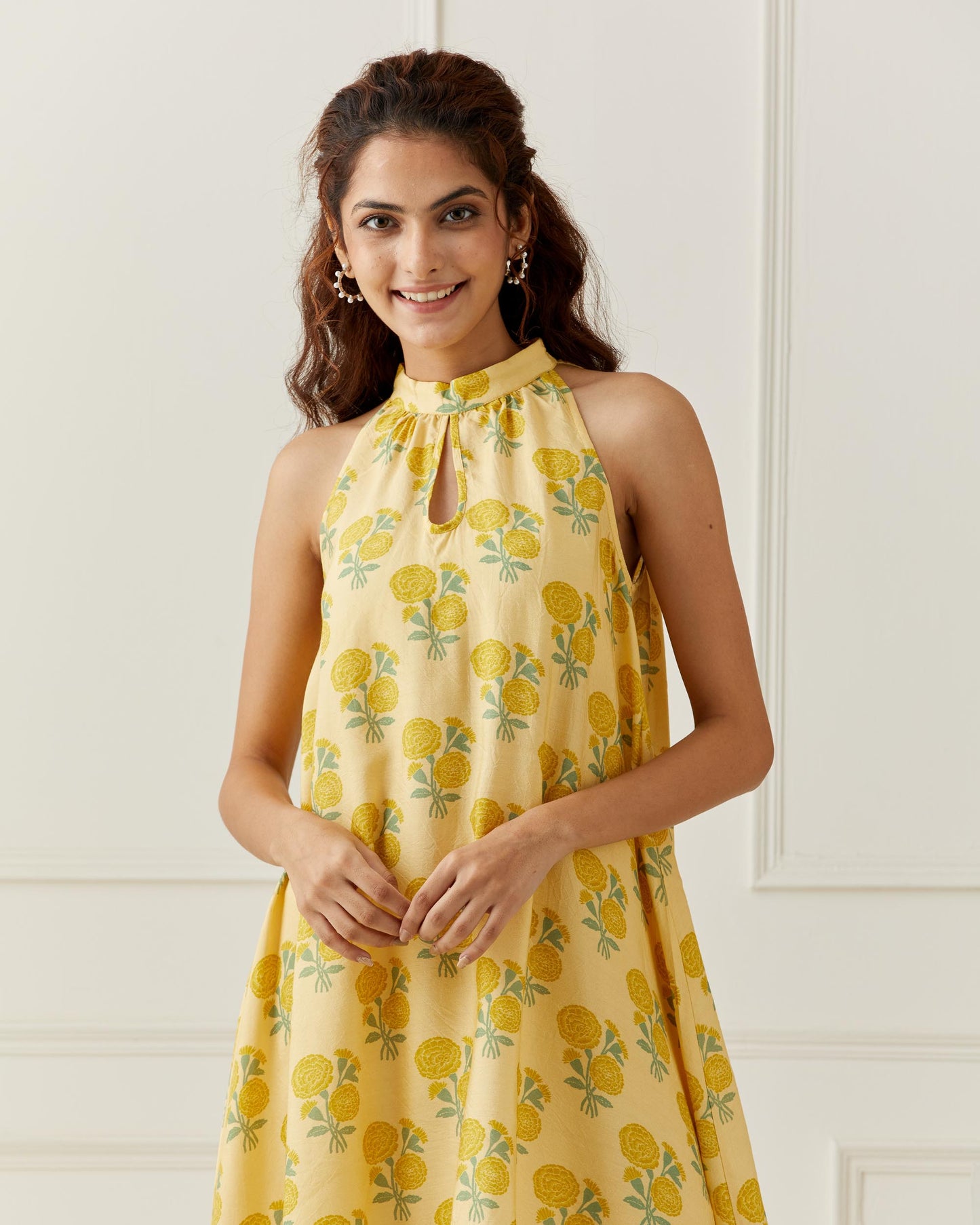 Mustard Sleeveless Printed Frill Dress