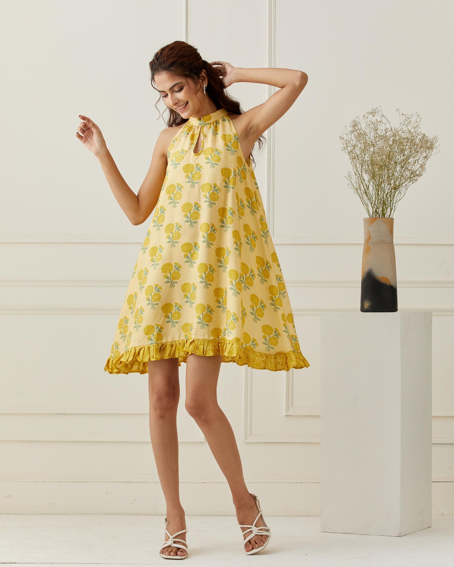 Mustard Sleeveless Printed Frill Dress