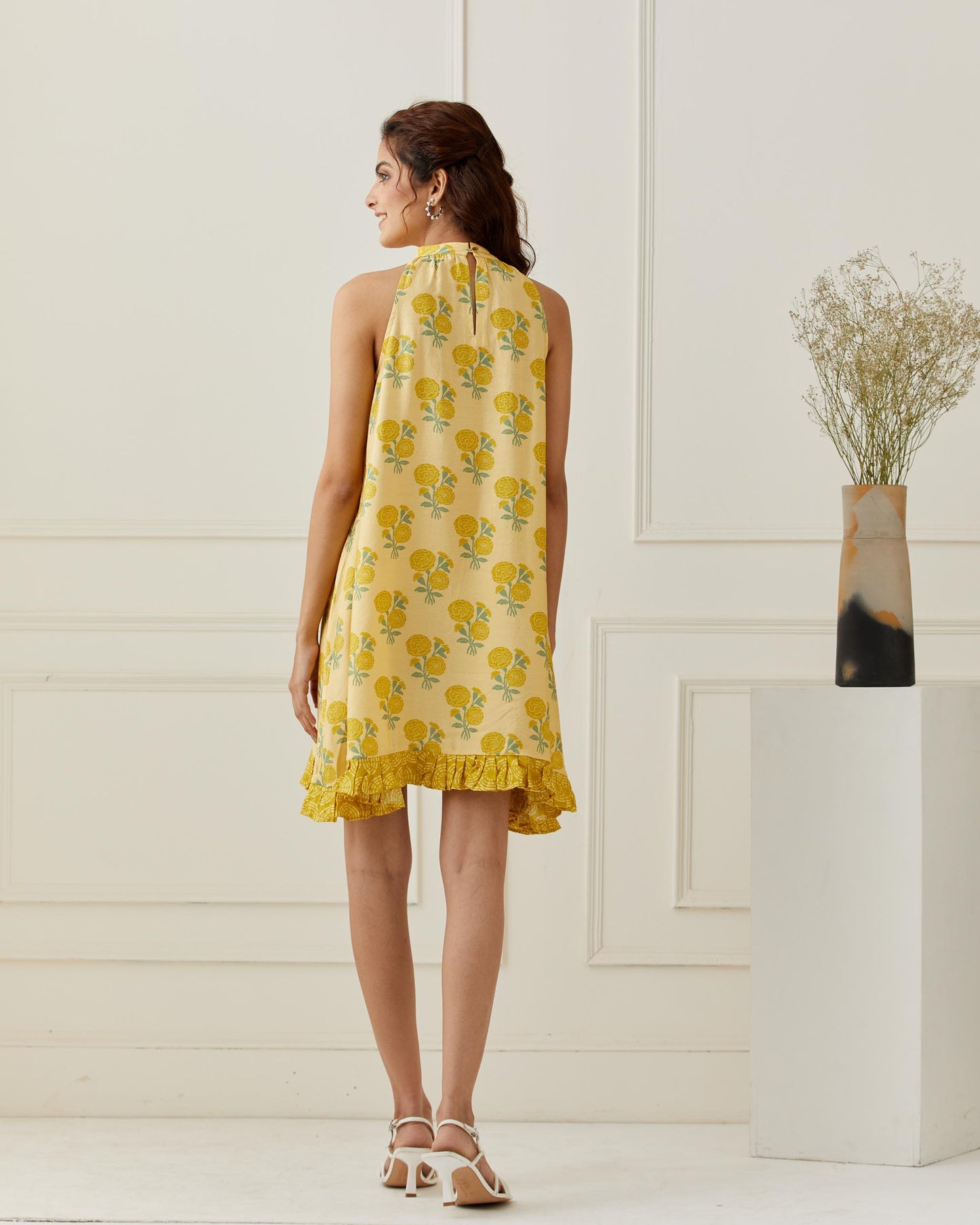 Mustard Sleeveless Printed Frill Dress
