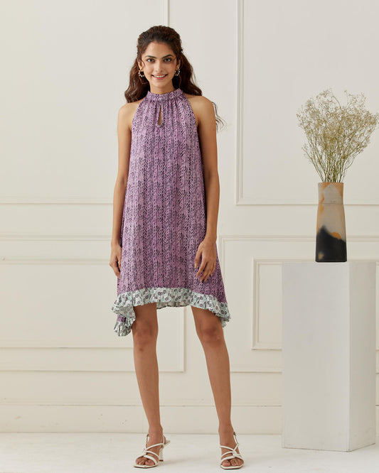 Purple Sleeveless Printed Frill Dress