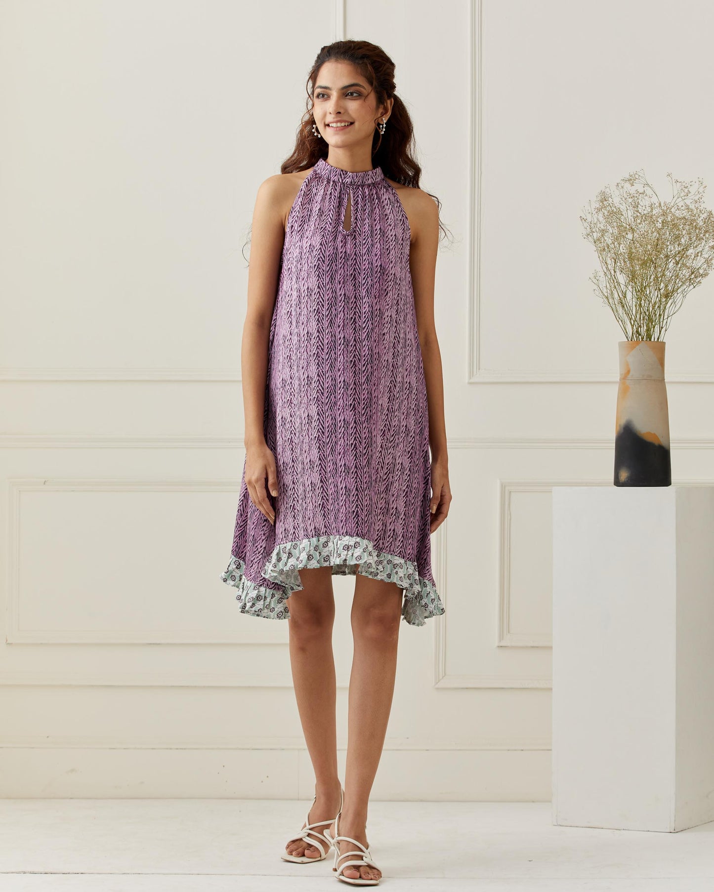 Purple Sleeveless Printed Frill Dress