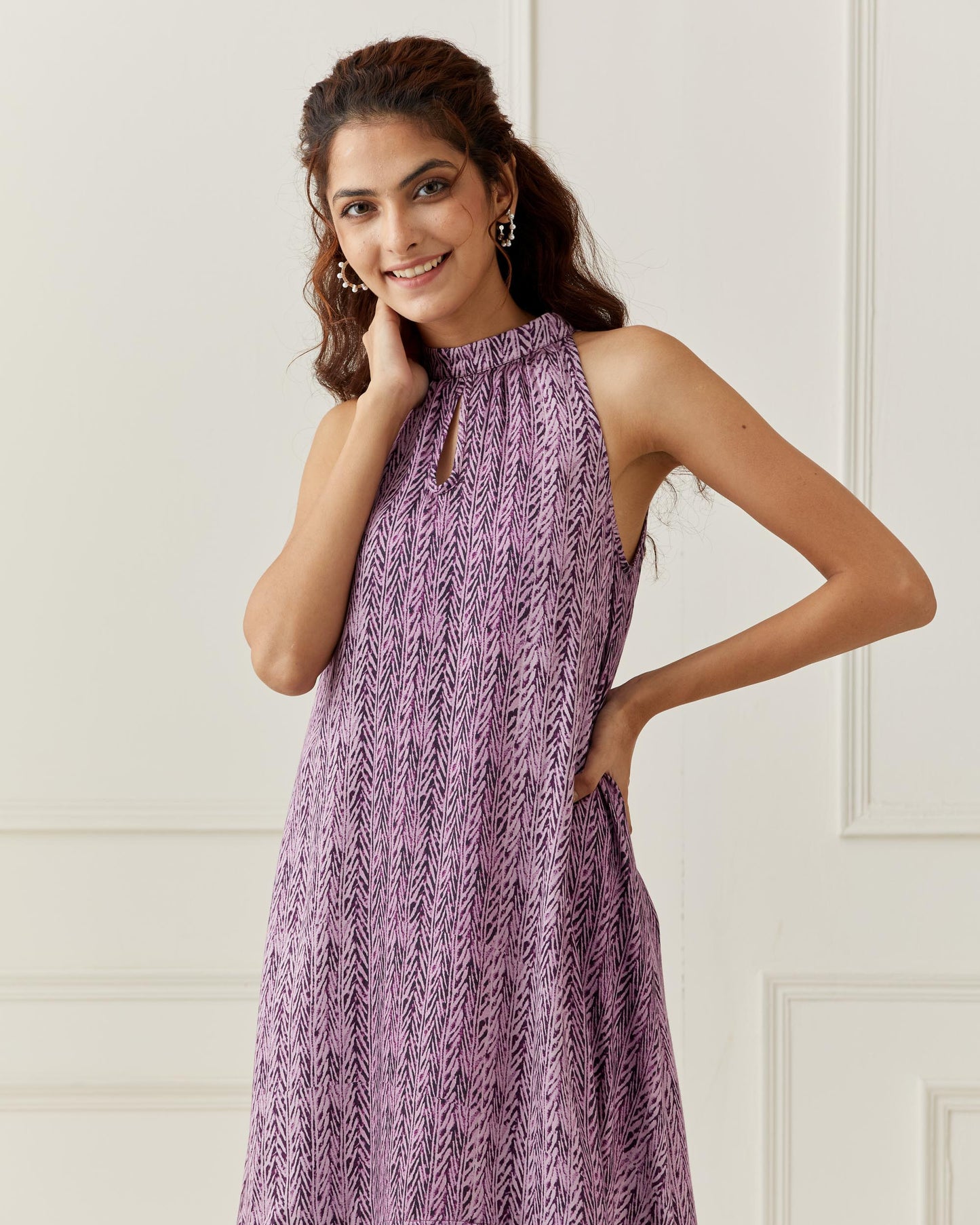 Purple Sleeveless Printed Frill Dress