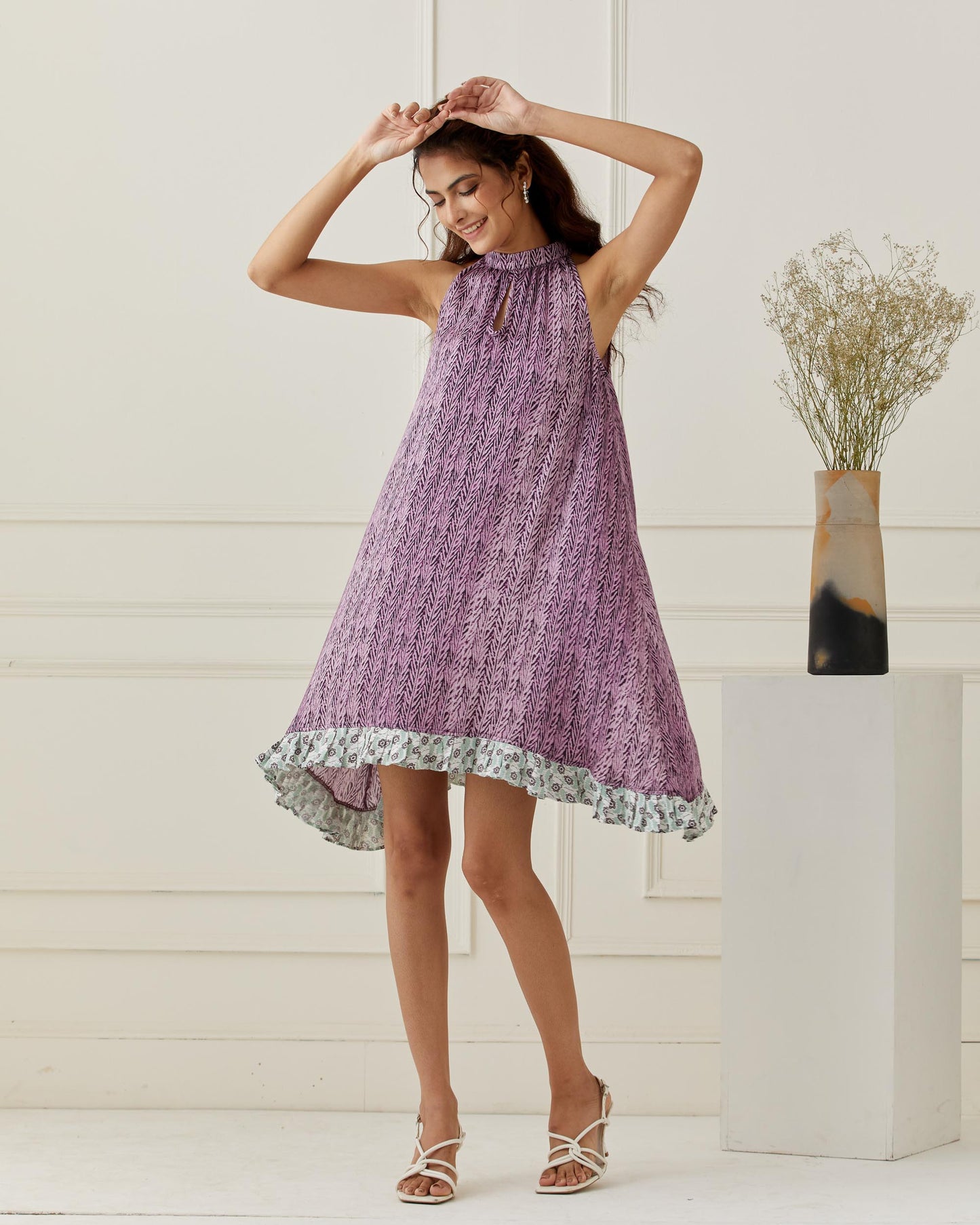 Purple Sleeveless Printed Frill Dress