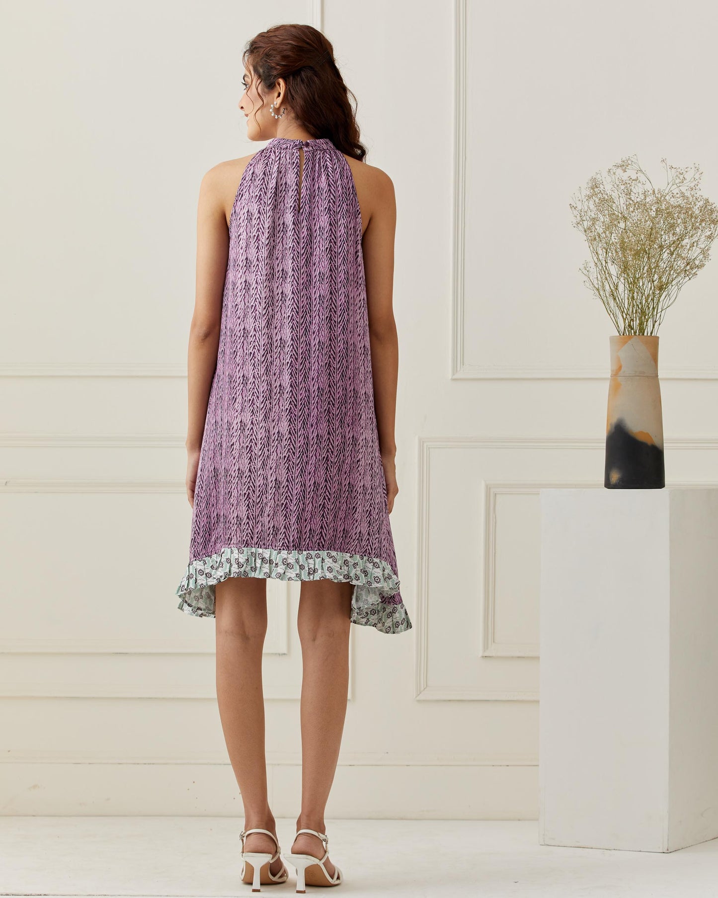 Purple Sleeveless Printed Frill Dress