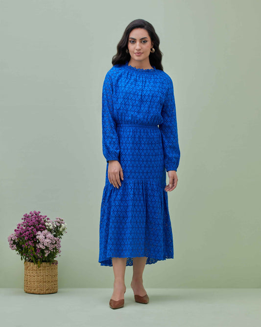 Royal Blue Schiffly Embroidered Maxi Dress