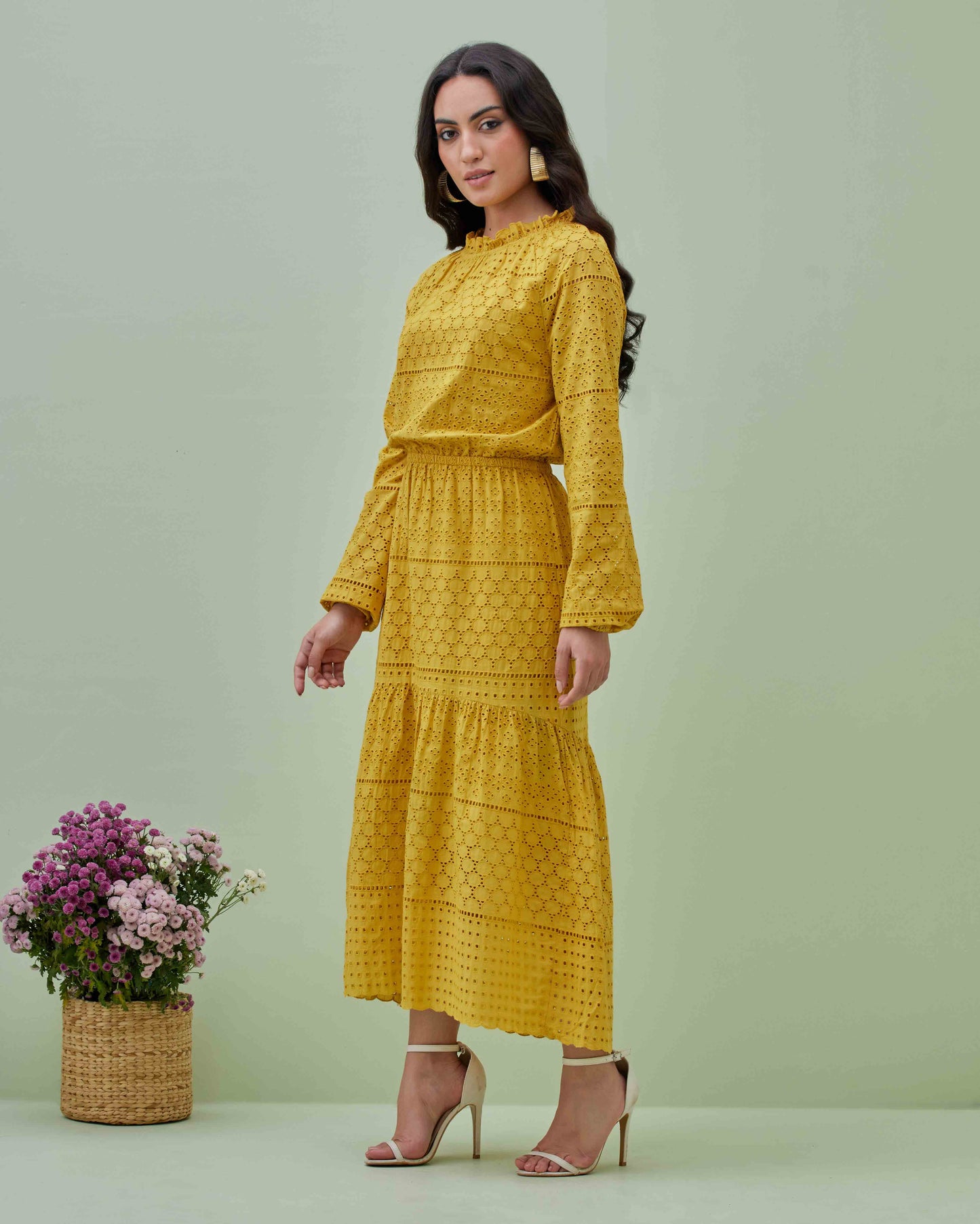 Yellow Cotton Schiffly Embroidered Maxi Dress