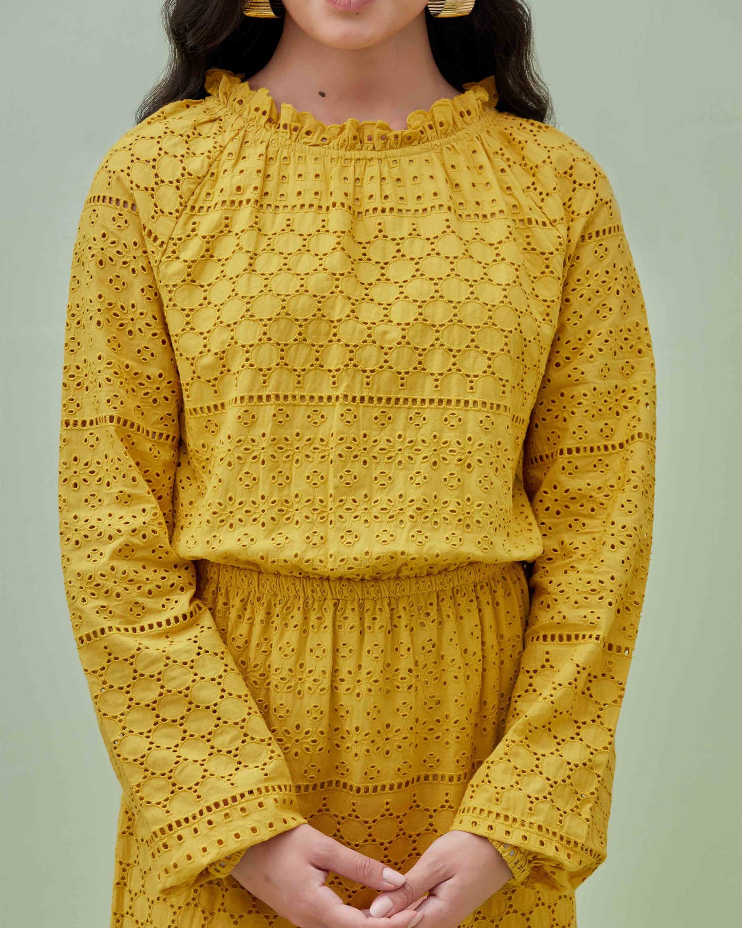 Yellow Cotton Schiffly Embroidered Maxi Dress