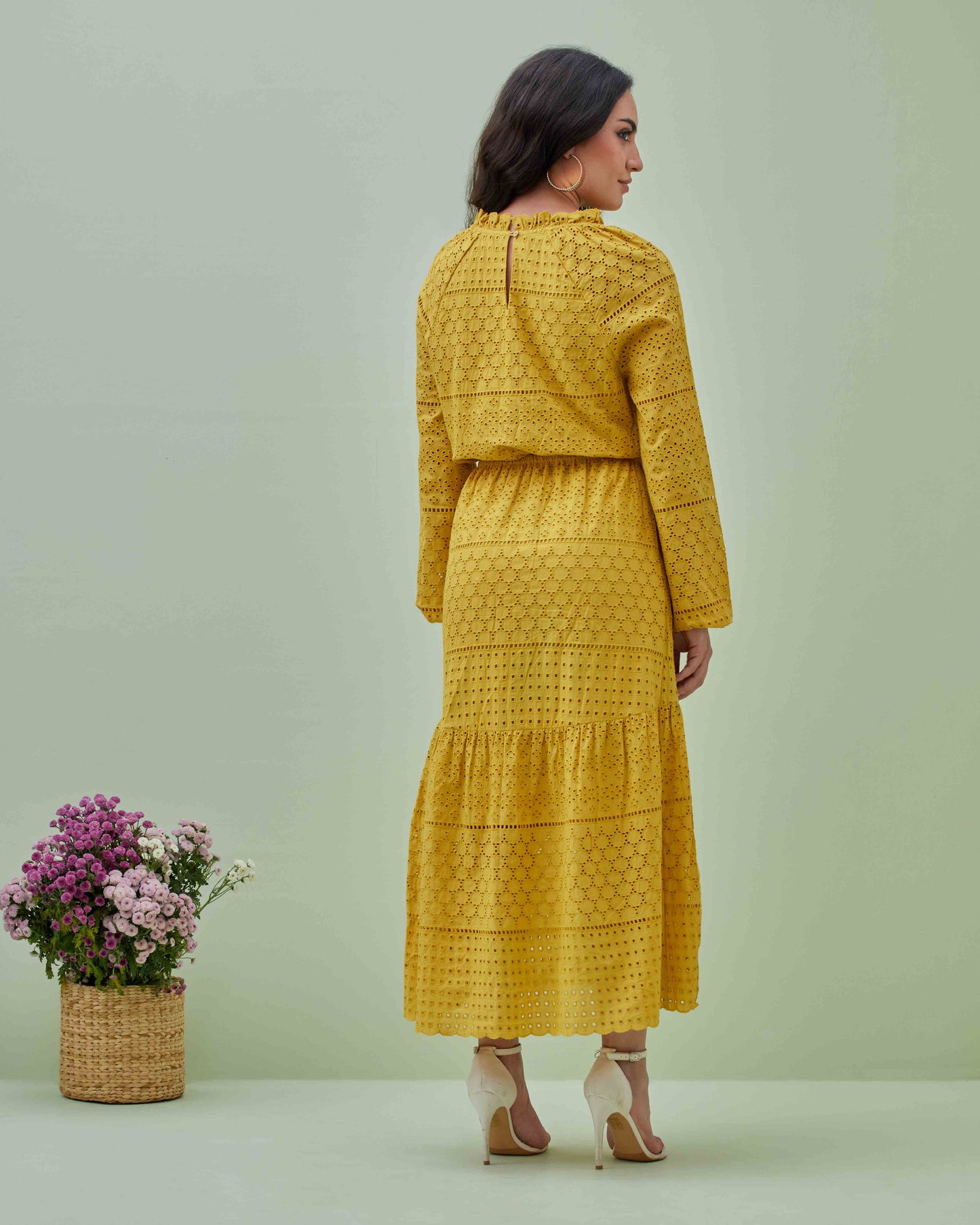 Yellow Cotton Schiffly Embroidered Maxi Dress