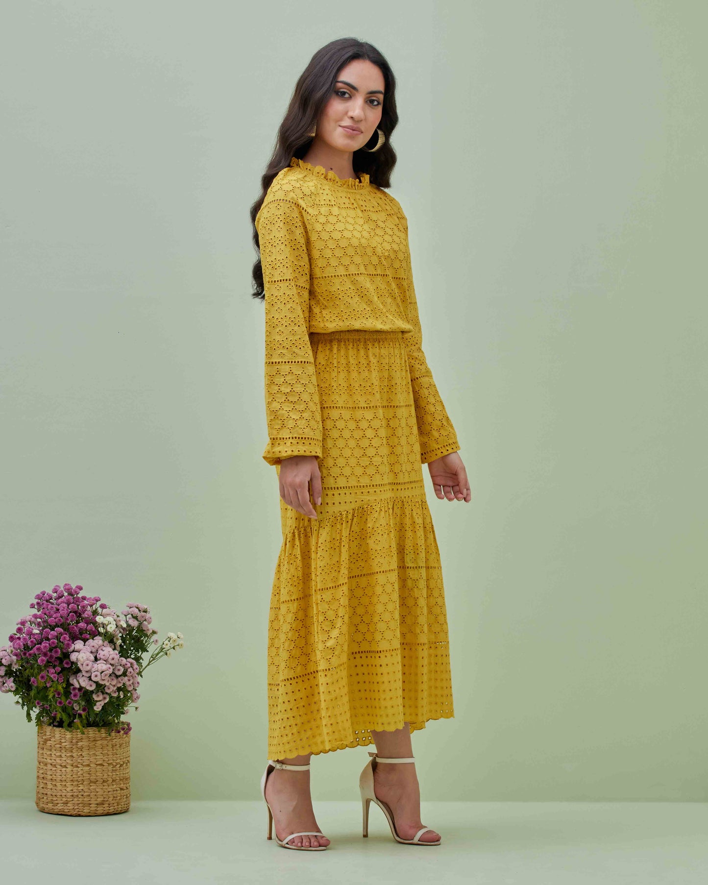 Yellow Cotton Schiffly Embroidered Maxi Dress