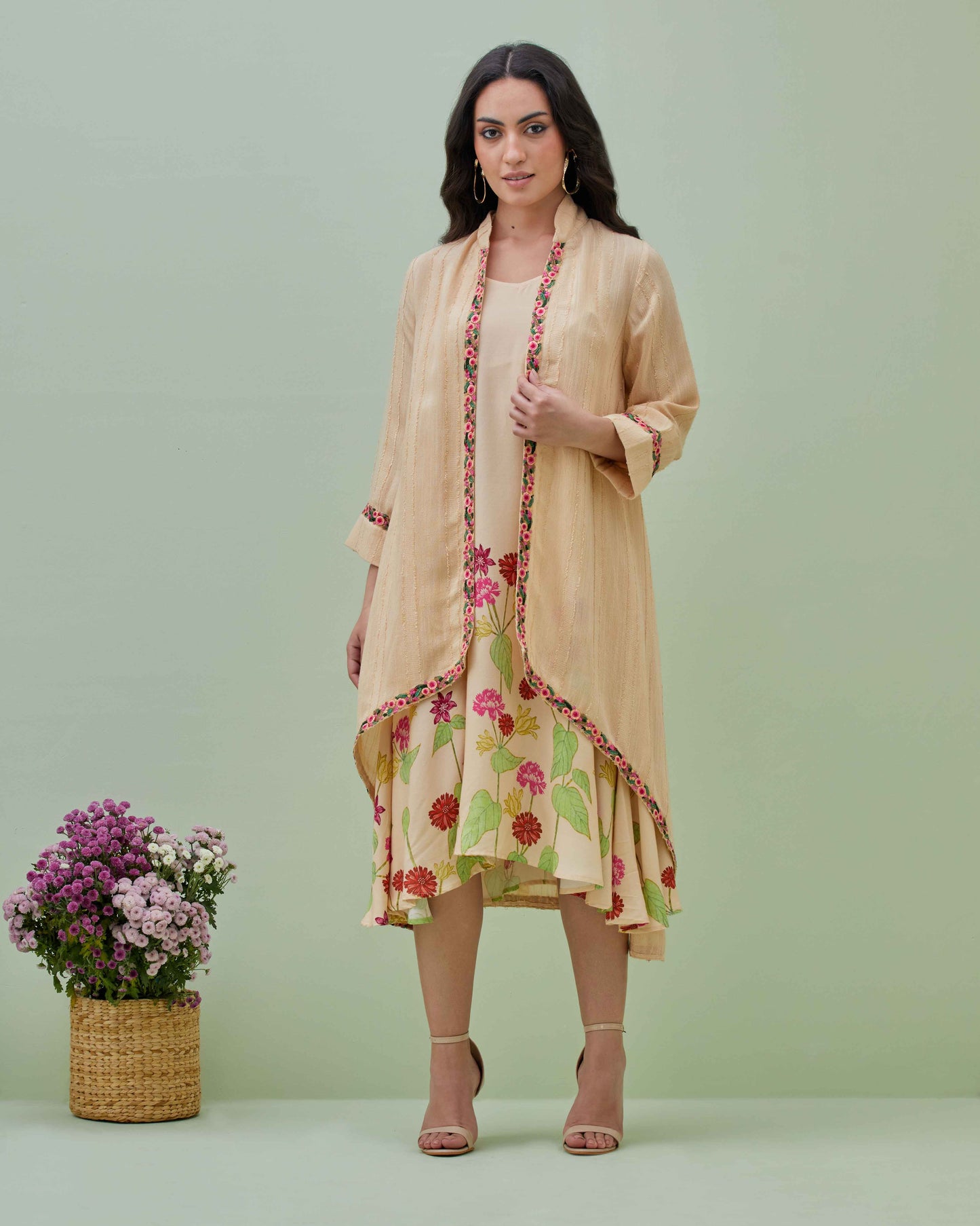 Floral Printed Flared Dress with Cape