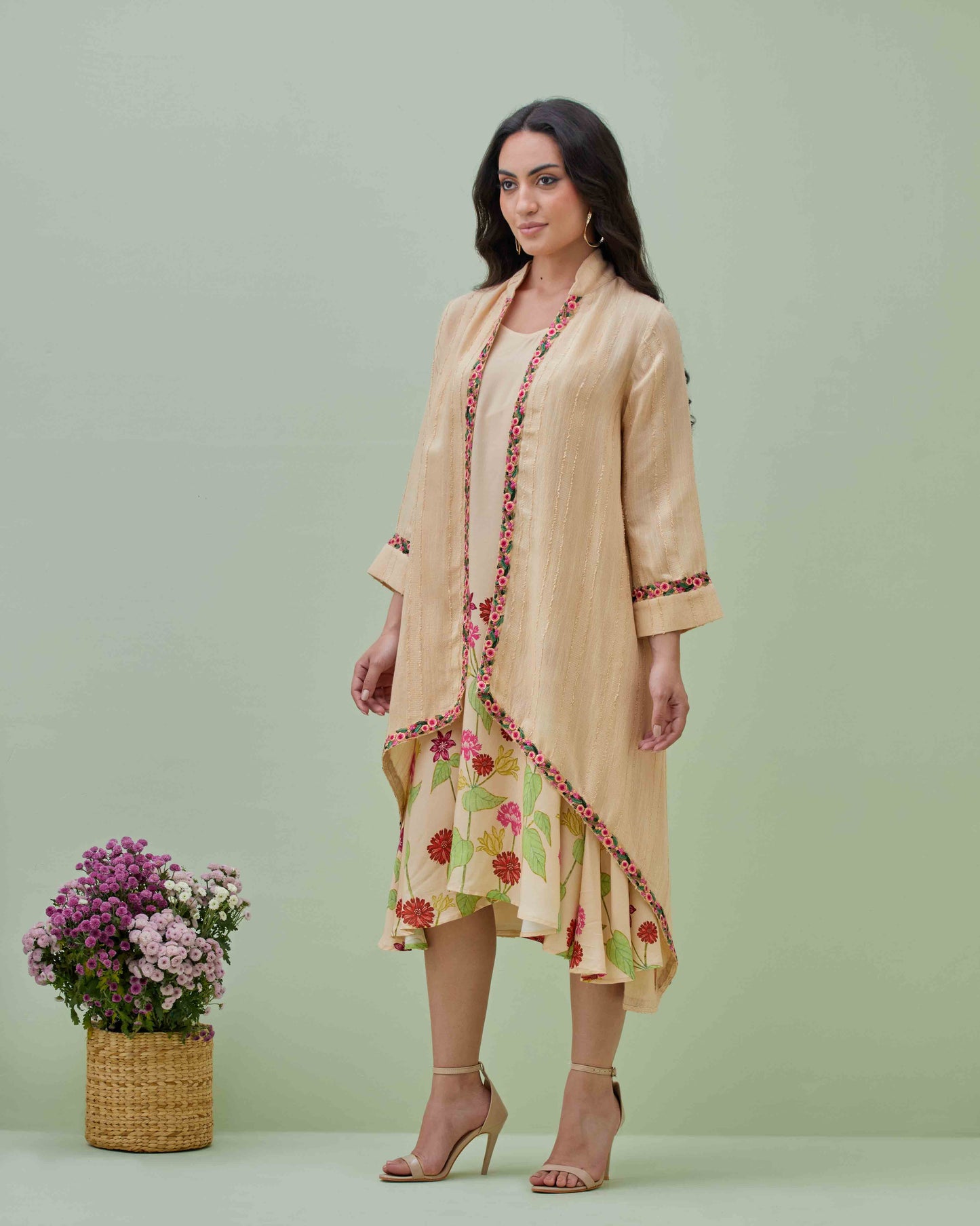 Floral Printed Flared Dress with Cape