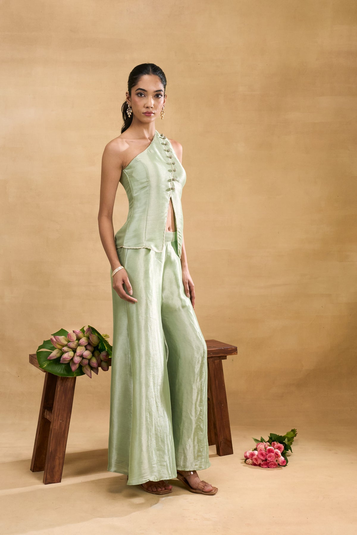 Olive Grace Set by Grass & Sunshine – light green one-shoulder top and trouser set, image 4 of 4