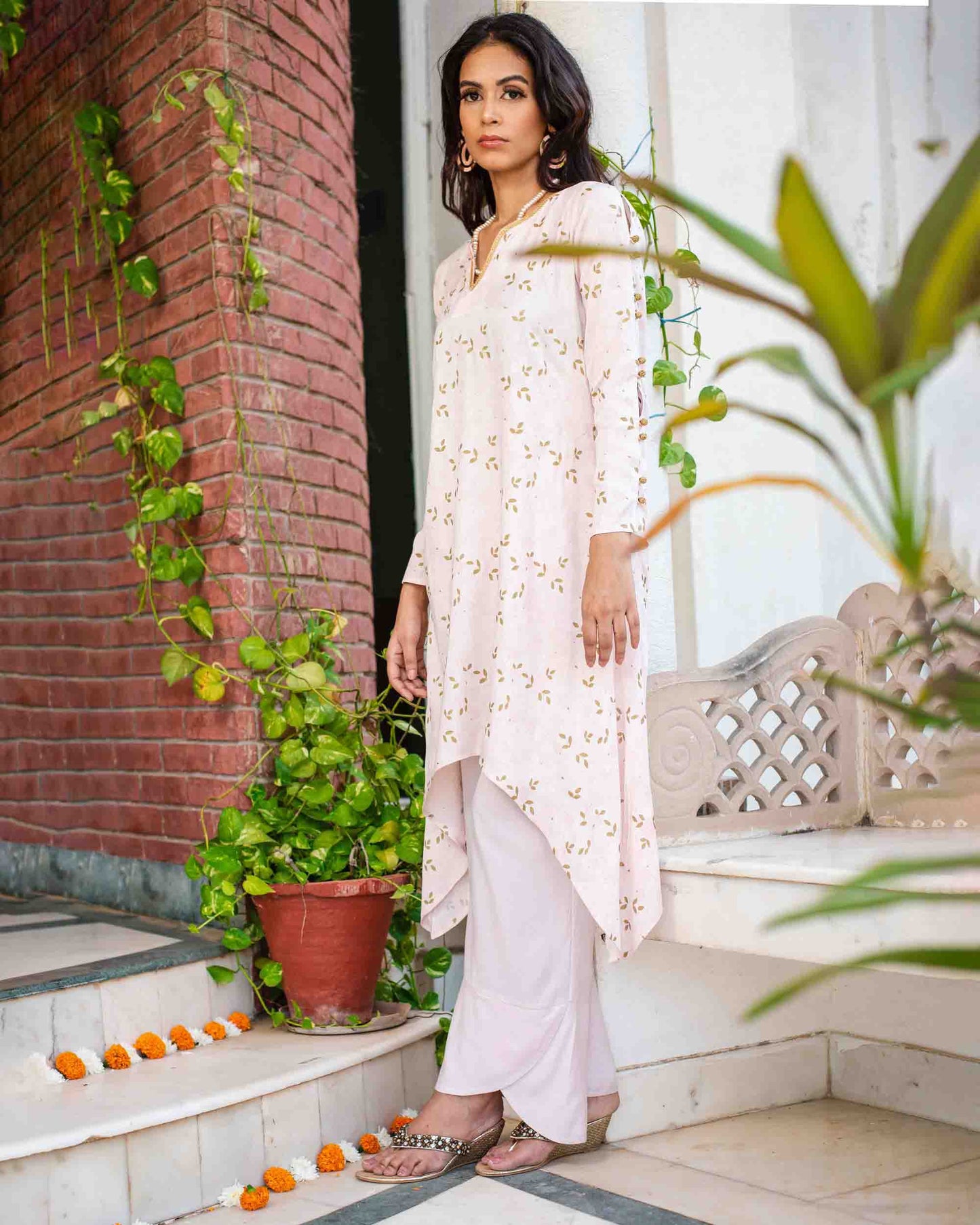 Gold Khadi Printed Asymetric Kurta Pant Set