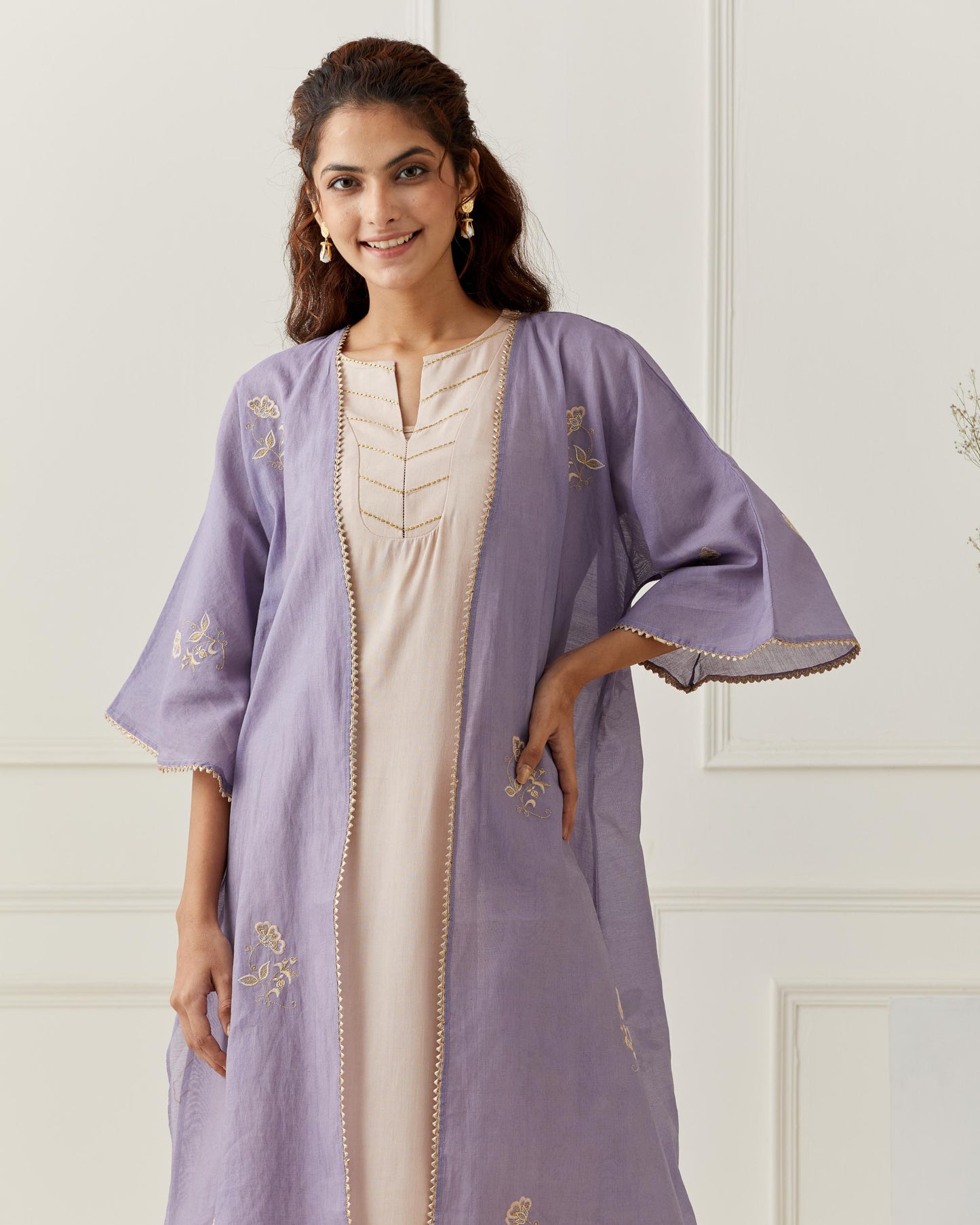 Lavender Chanderi Embroidered Jacket Kurta Pant Set