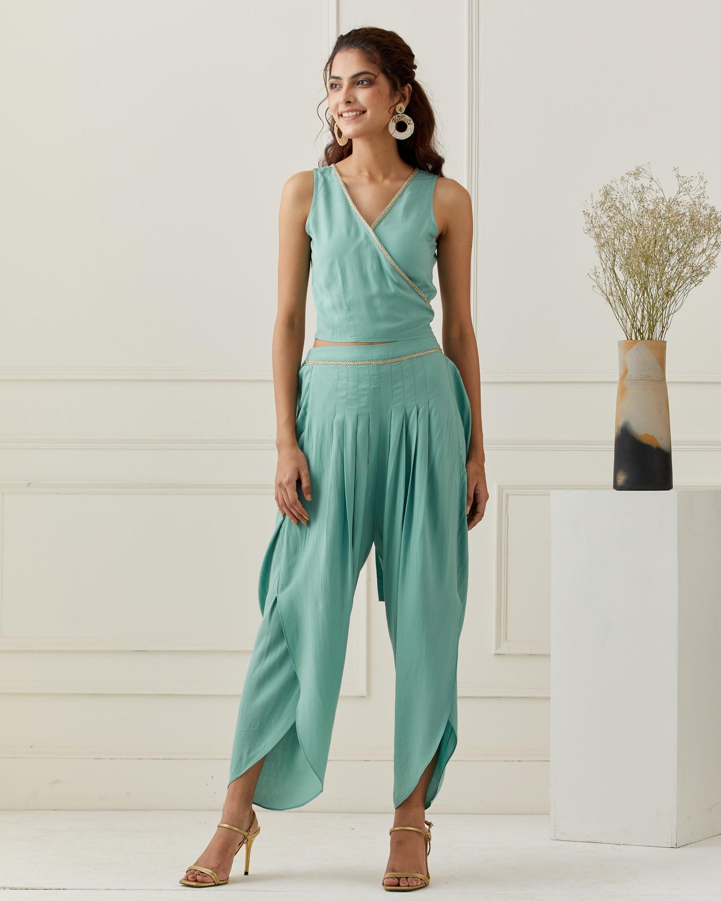 3 Piece Green Cami & Dhoti Pant Set with Chanderi Printed Jacket