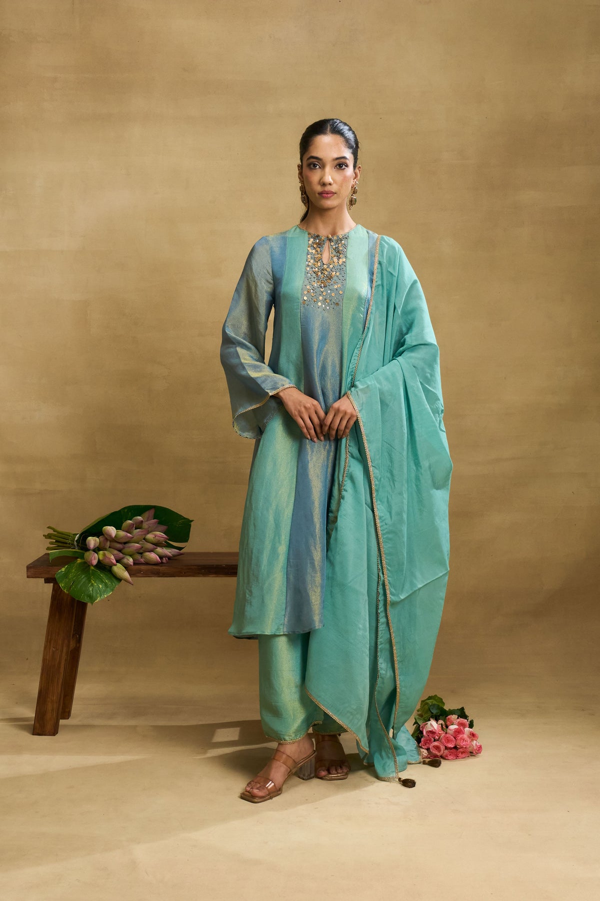 Seafoam Shimmer Set by Grass & Sunshine – sea green tissue kurta, pant and dupatta set, image 6 of 6