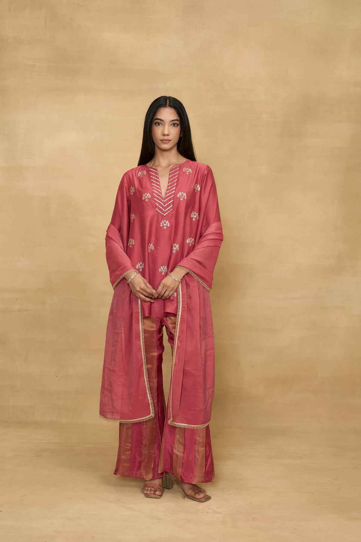 Raspberry Stripe Set by Grass & Sunshine – raspberry pink kurta, striped pant and dupatta set, image 6 of 6
