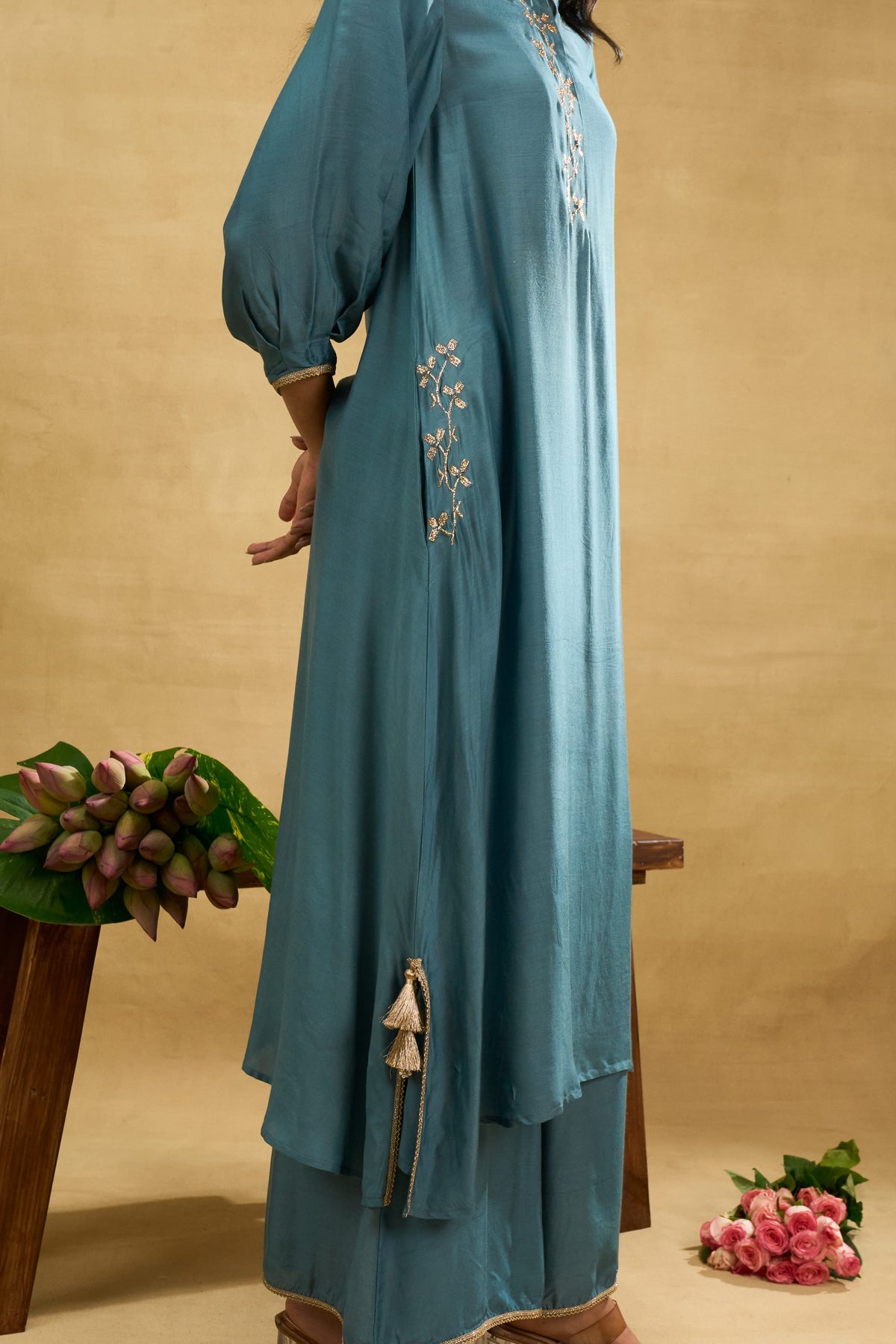 Teal Vine Set by Grass & Sunshine – teal modal kurta and palazzo set, image 6 of 6