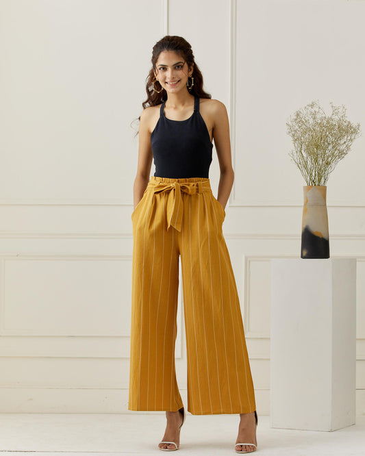 Linen Mustard Stripe Flared Pants with Belt