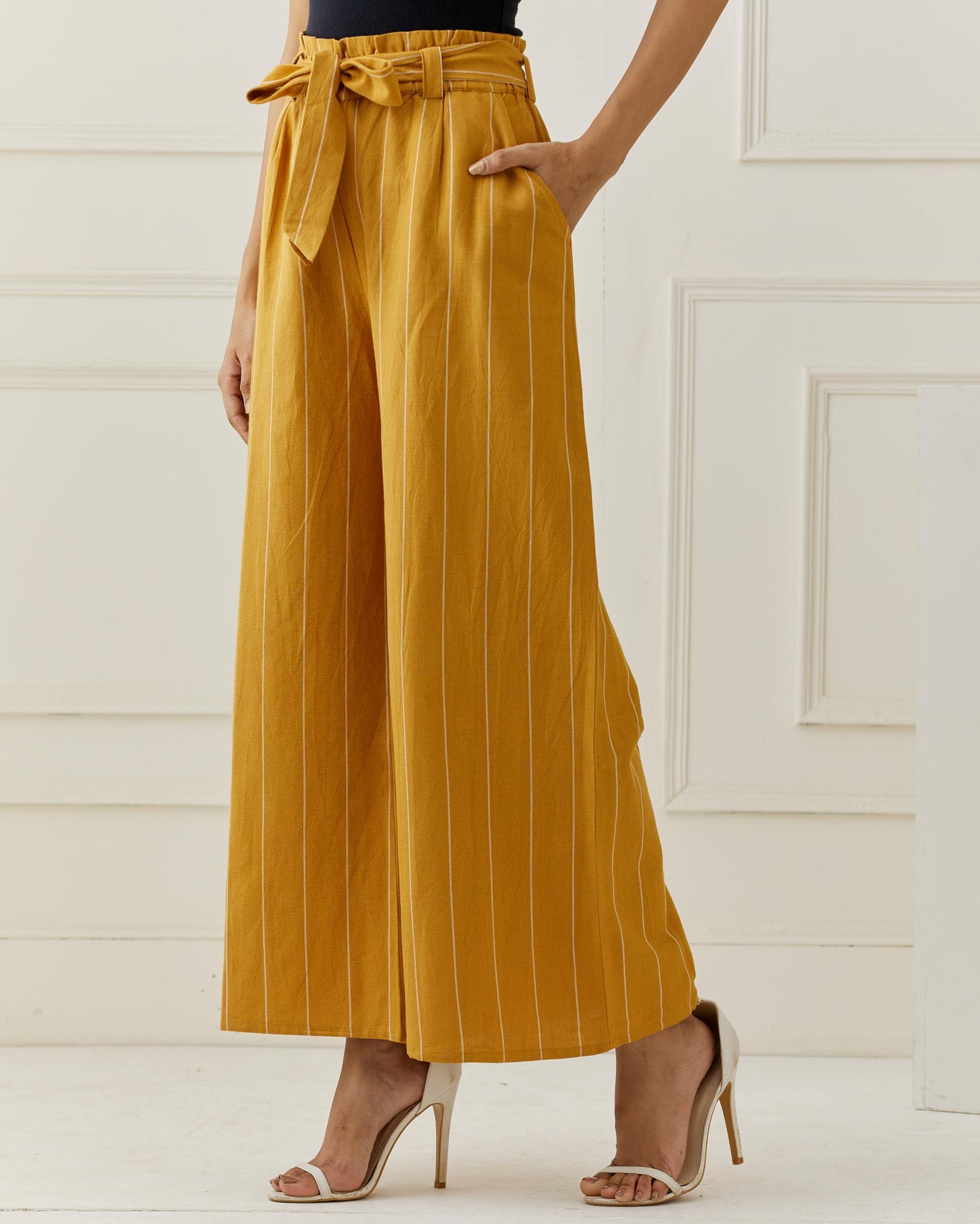 Linen Mustard Stripe Flared Pants with Belt