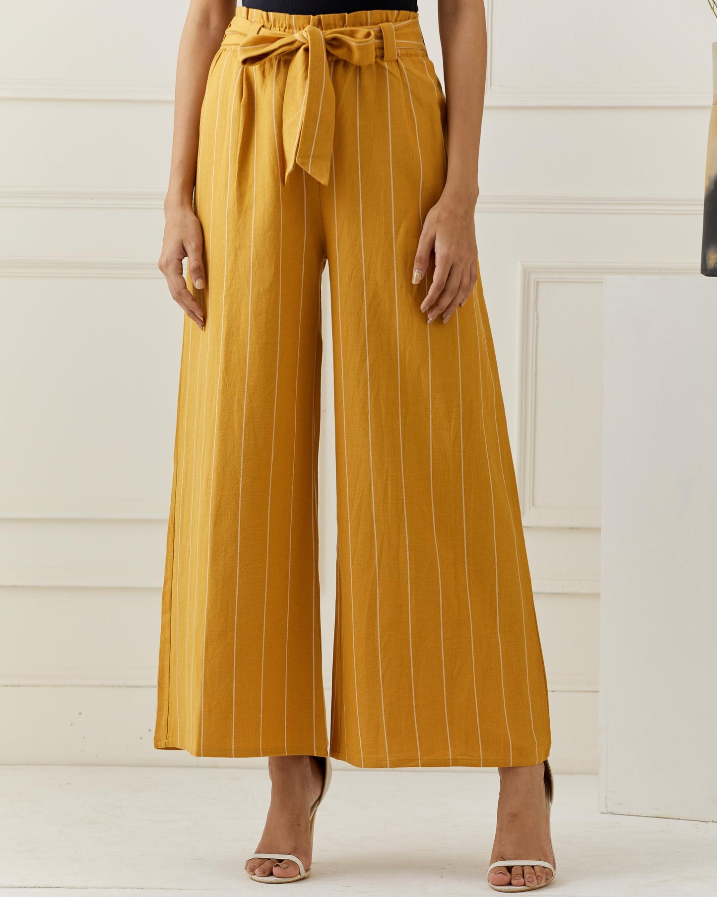 Linen Mustard Stripe Flared Pants with Belt
