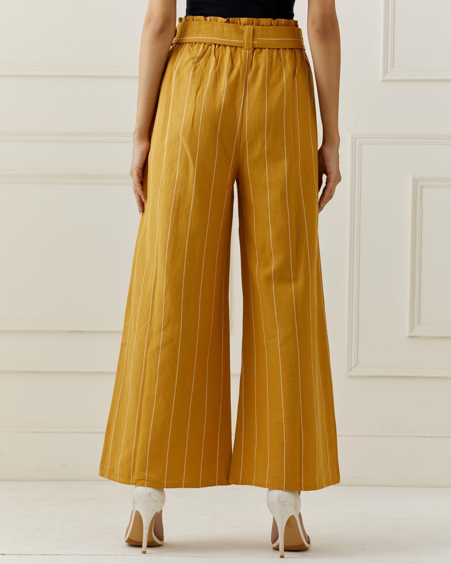 Linen Mustard Stripe Flared Pants with Belt