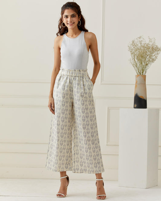 Grey Printed Linen Flared Pants