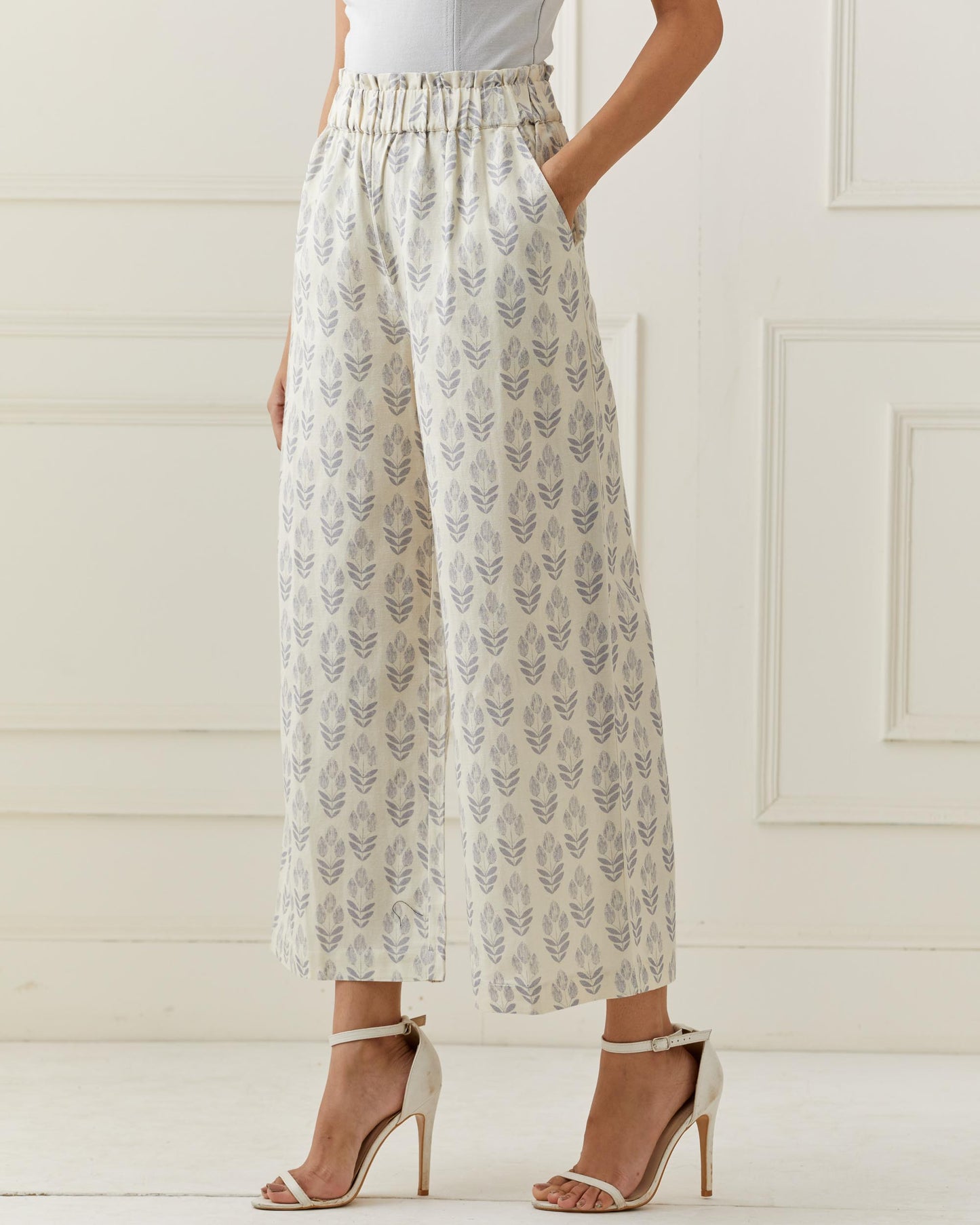 Grey Printed Linen Flared Pants