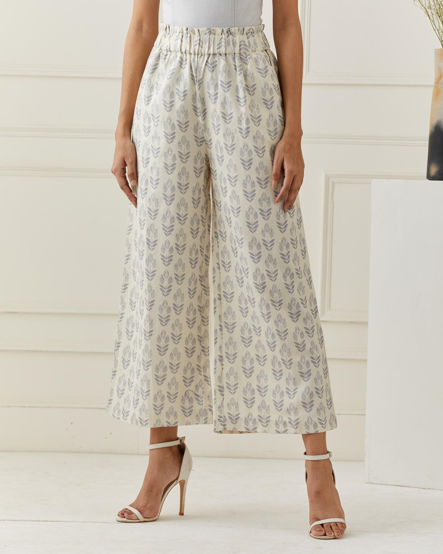 Grey Printed Linen Flared Pants