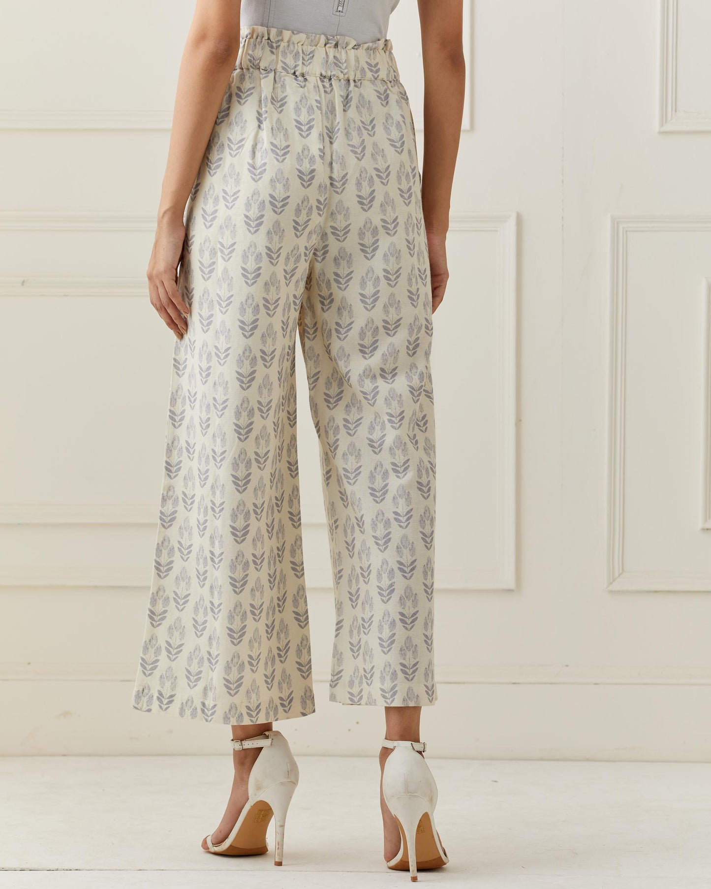 Grey Printed Linen Flared Pants