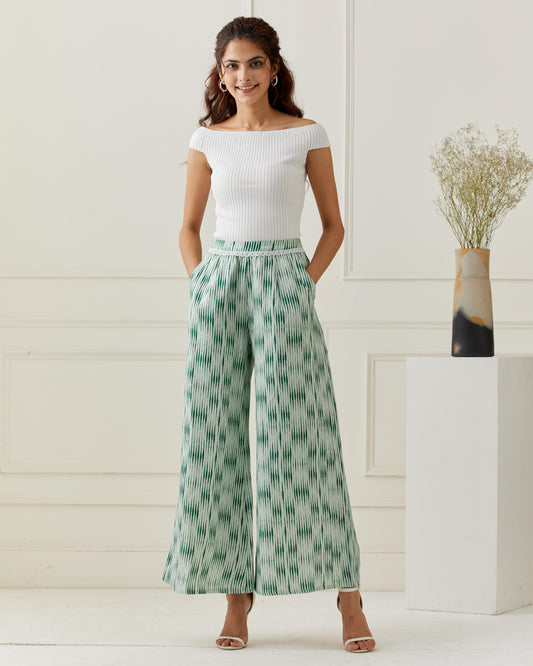 Linen Printed Flared Pants with Lace