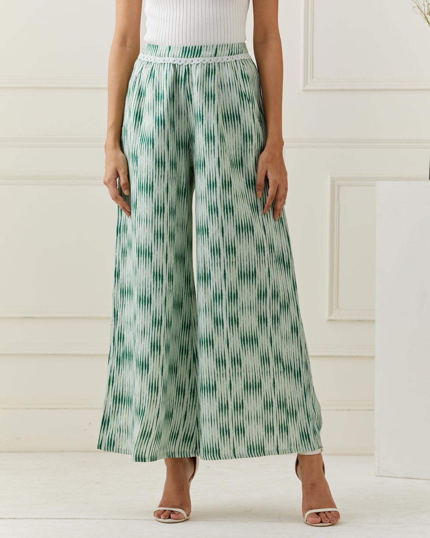 Linen Printed Flared Pants with Lace