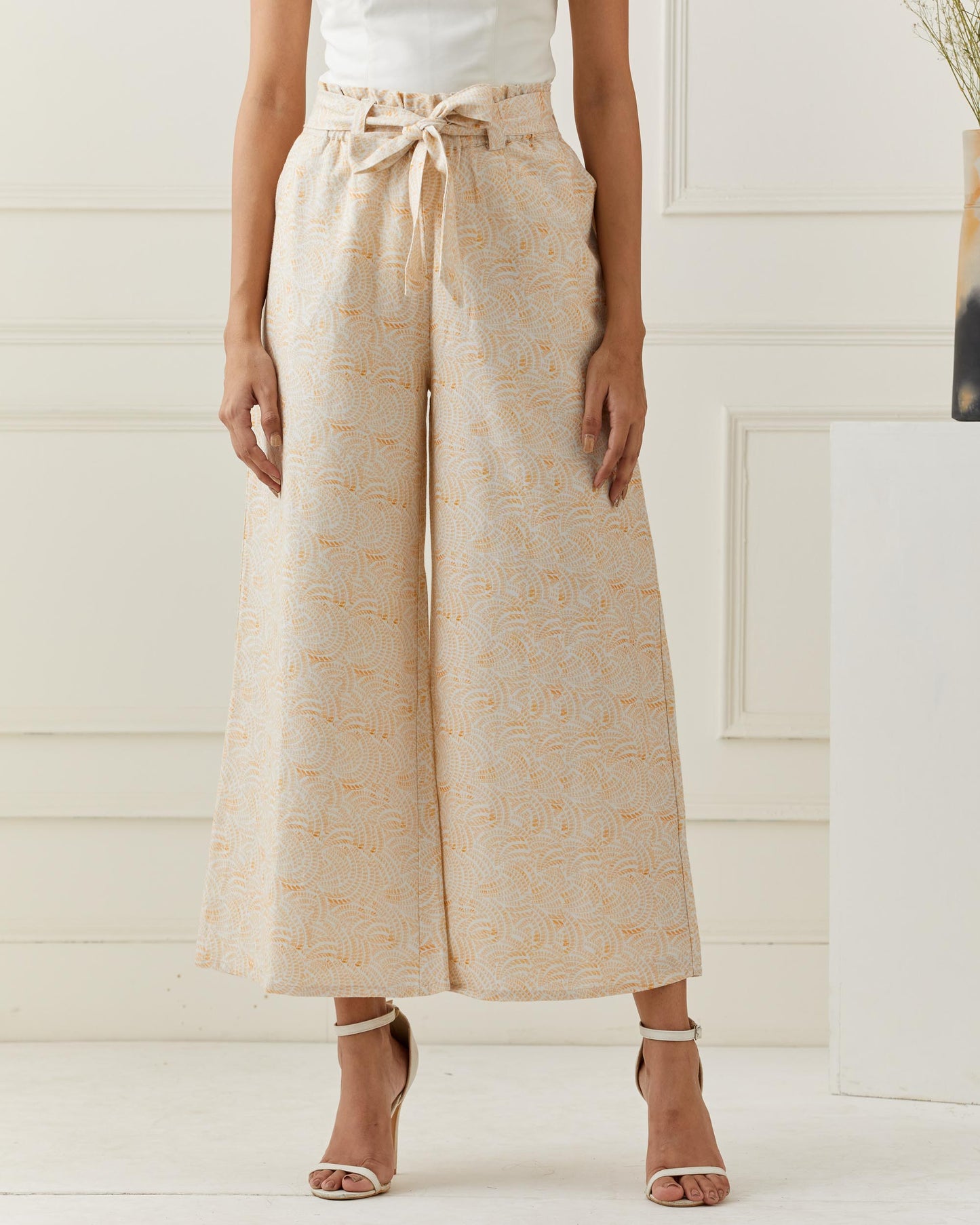 Beige Printed Linen Flared Pants with Belt