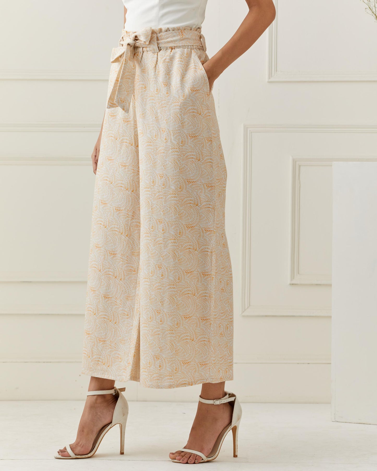 Beige Printed Linen Flared Pants with Belt