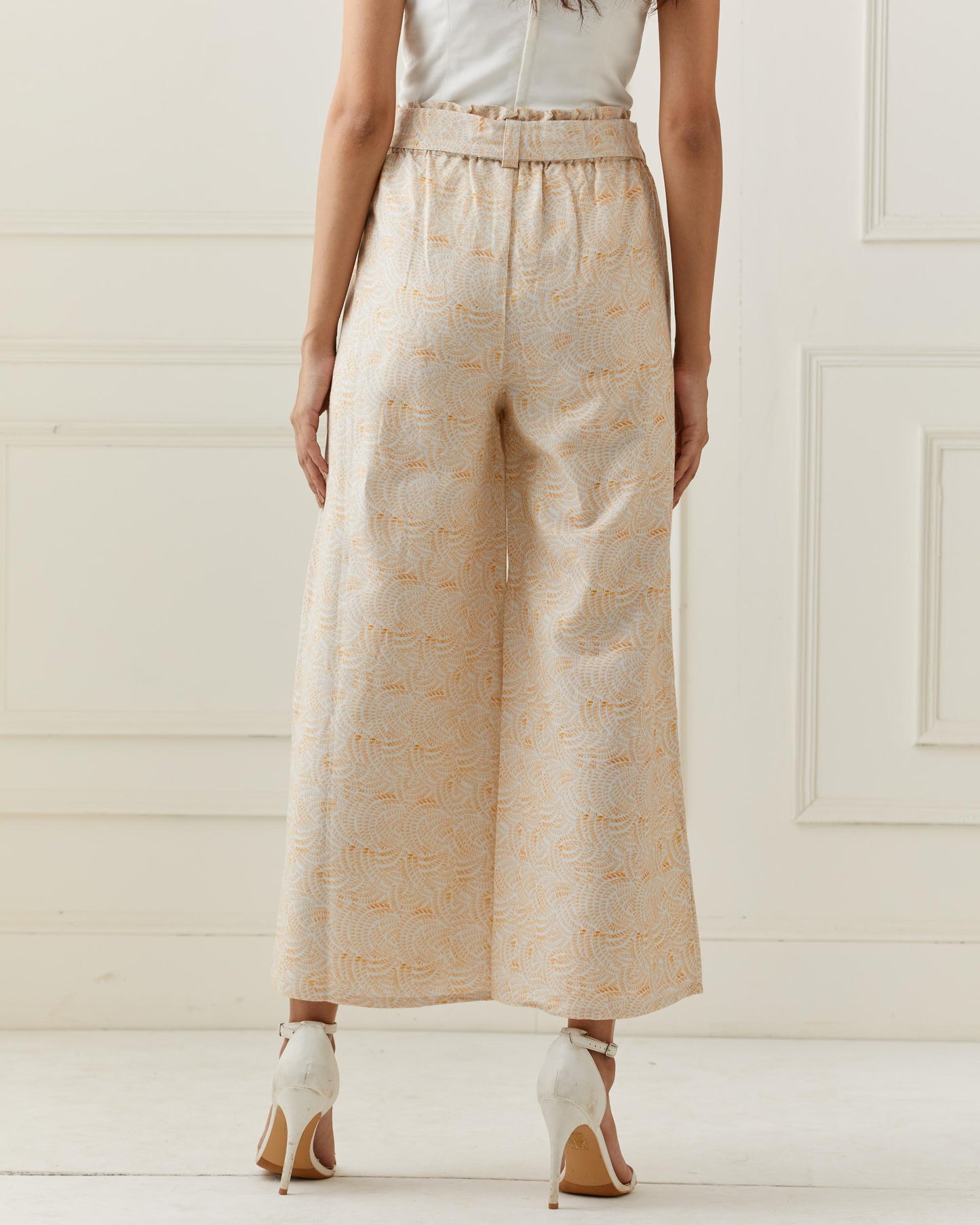 Beige Printed Linen Flared Pants with Belt