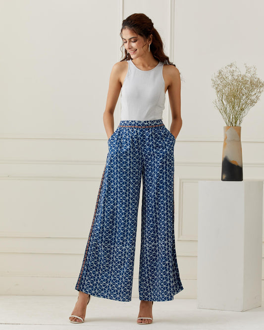 Indigo Dyed Printed Flared Pants