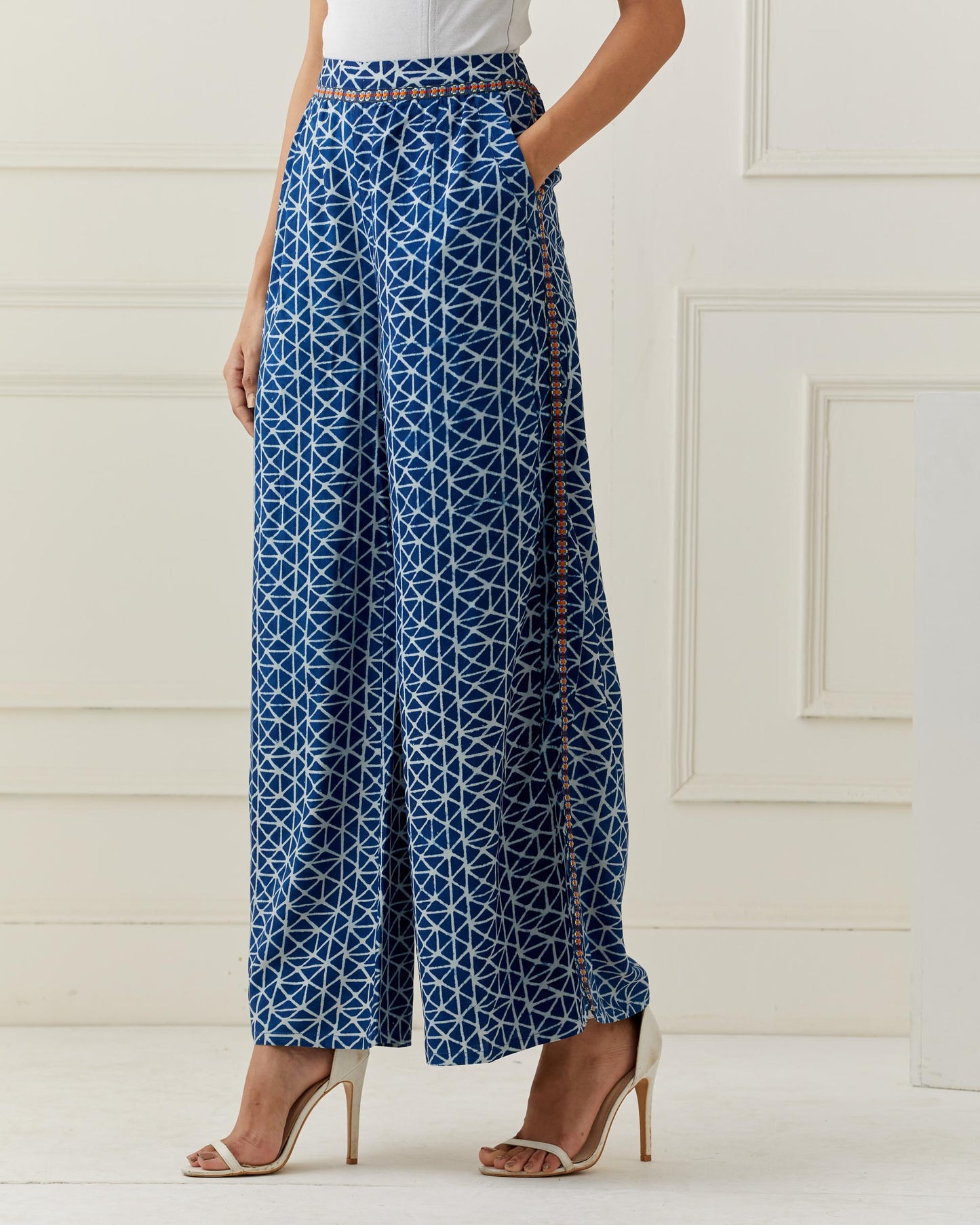 Indigo Dyed Printed Flared Pants