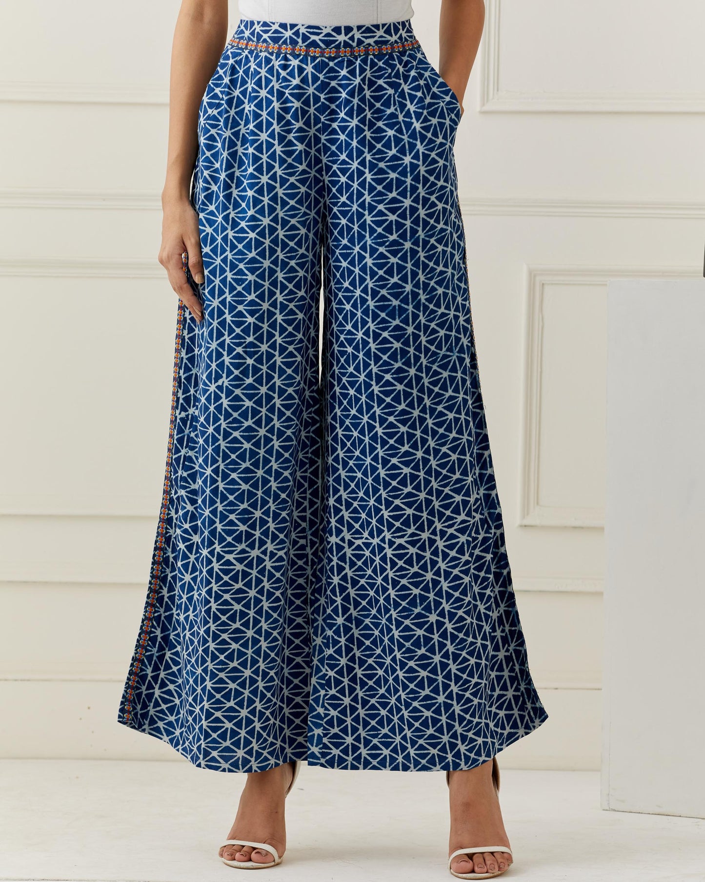 Indigo Dyed Printed Flared Pants