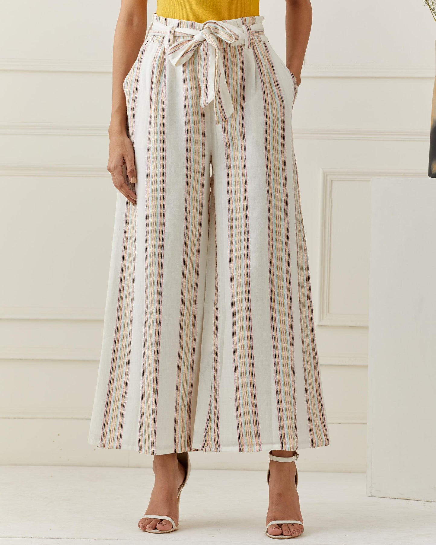Yarn Dyed Stripe Flared Pants with Belt