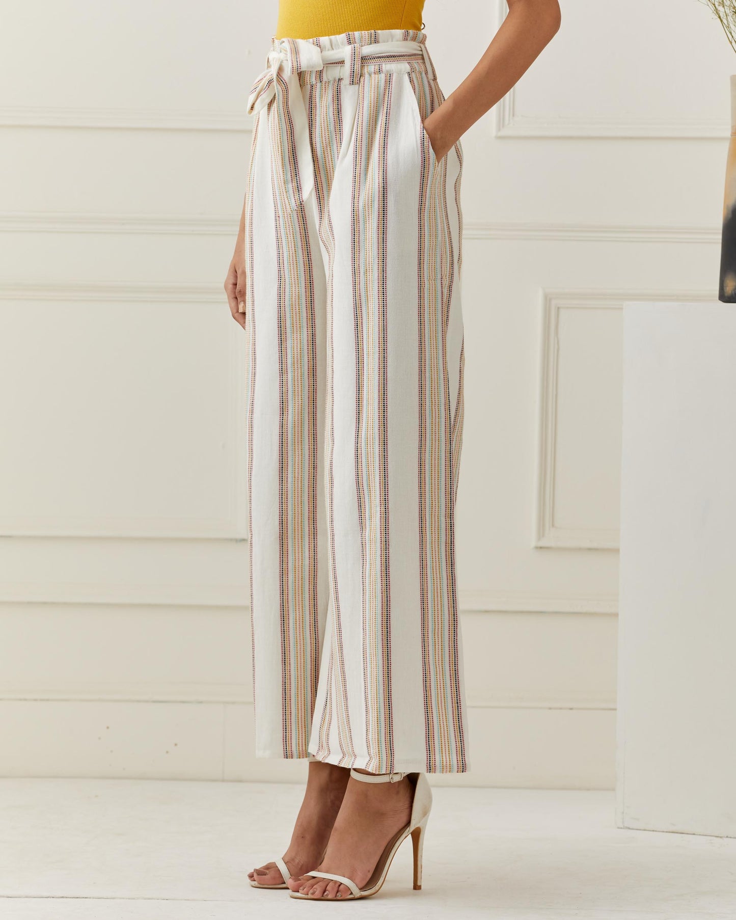 Yarn Dyed Stripe Flared Pants with Belt