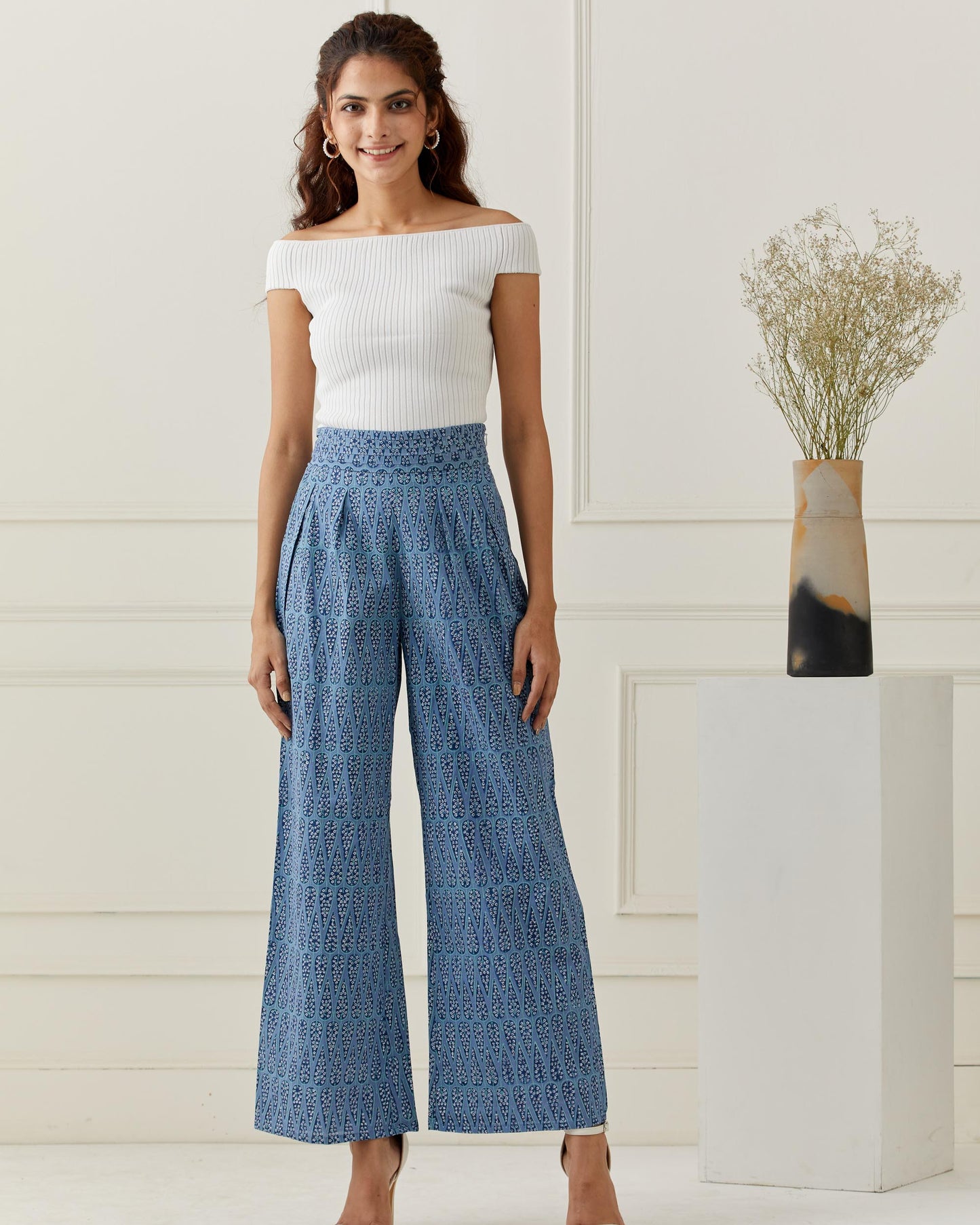 Blue Cotton Printed Flared Pant
