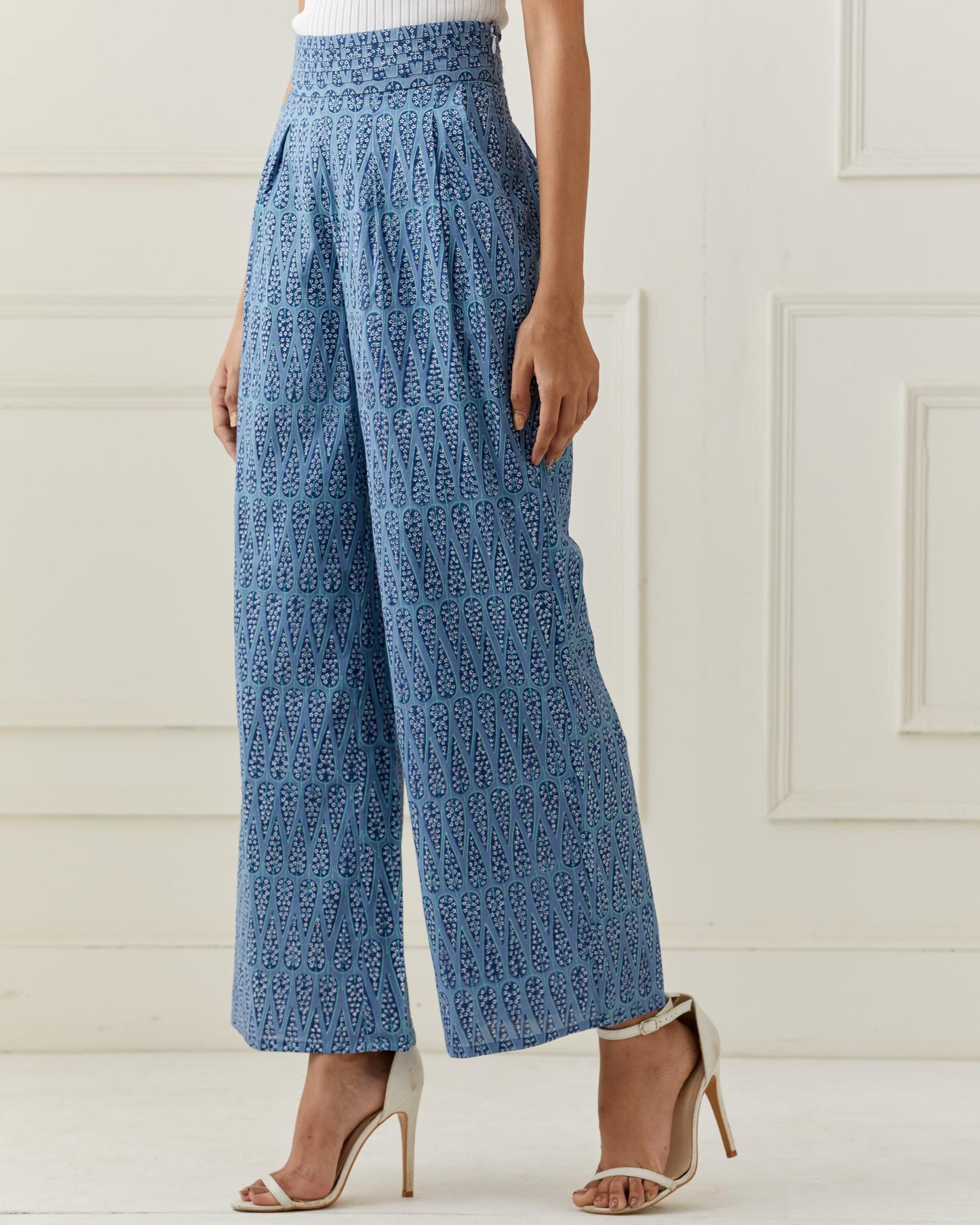 Blue Cotton Printed Flared Pant